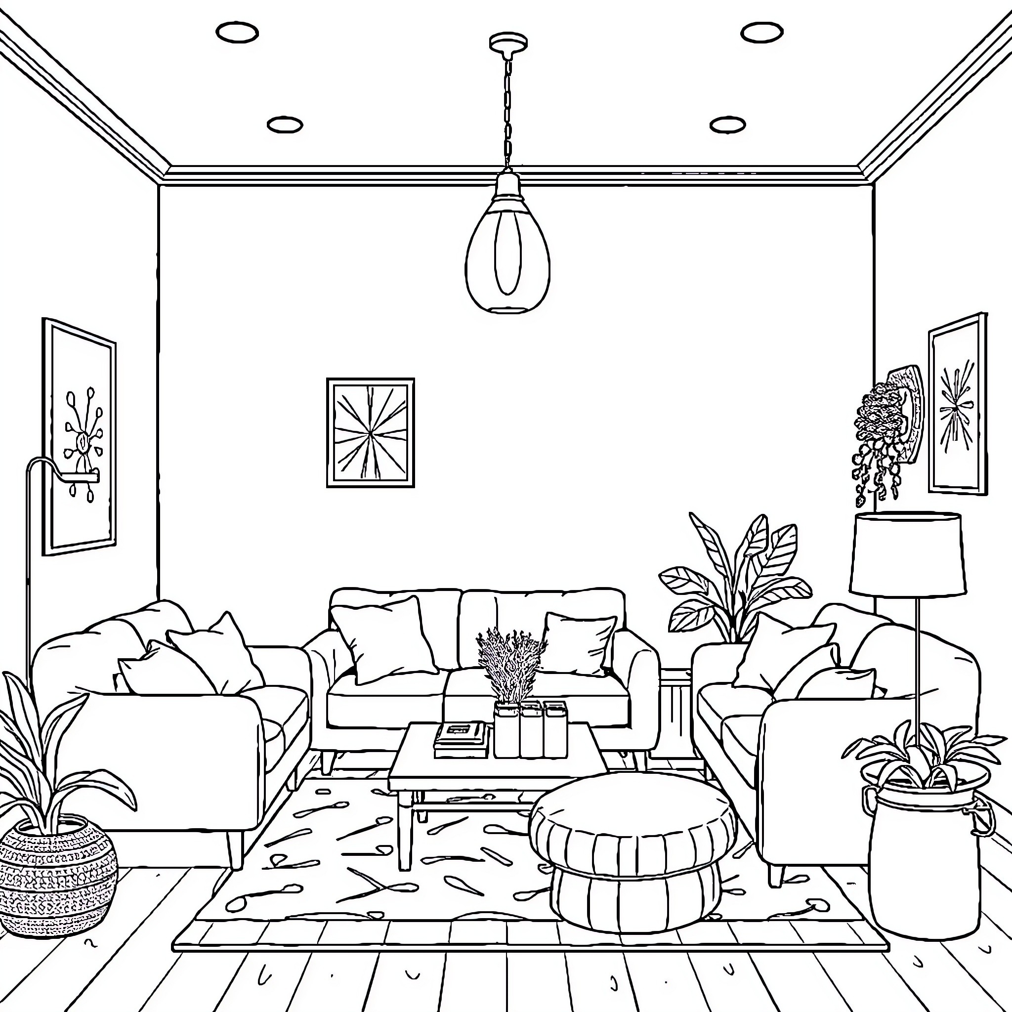 Room with Cozy Furnishings and Decor Coloring Page (free black-and-white line drawing printable PDF for all, from beginners to advanced learners, including children, teens, adults, and seniors)
