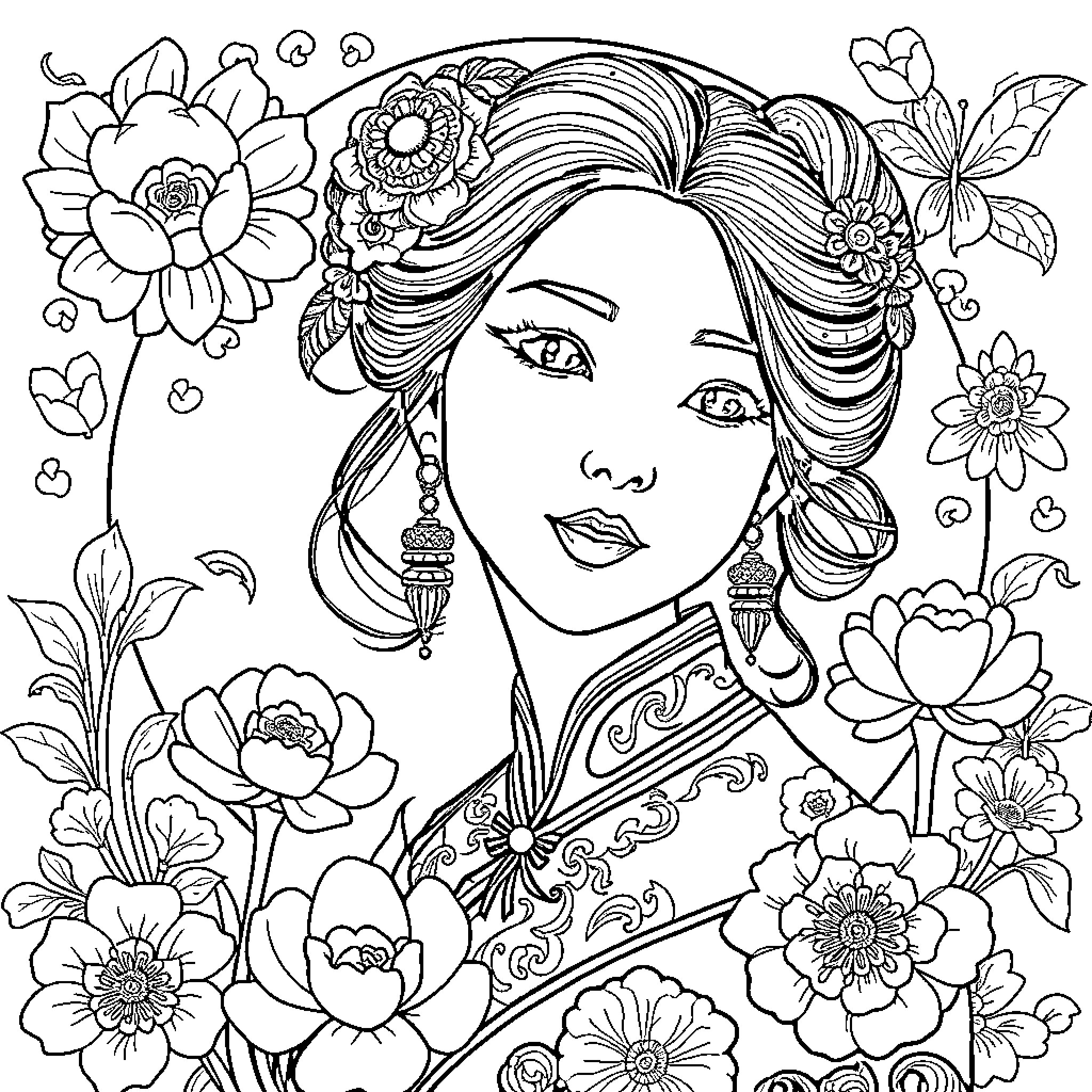 Beauty of Elegant Floral Adornments Coloring Page (free black-and-white line drawing printable PDF for all, from beginners to advanced learners, including children, teens, adults, and seniors)