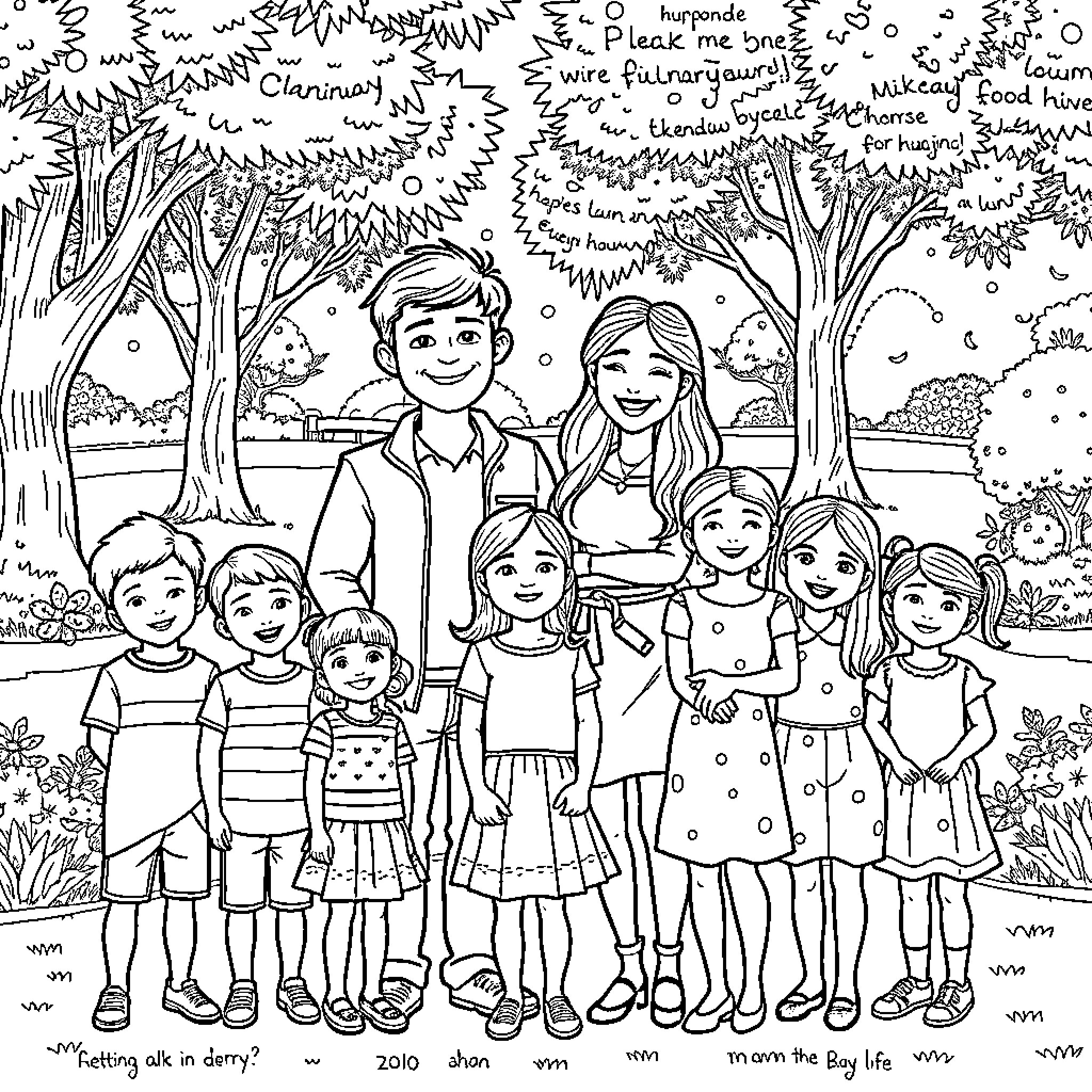 Jack and Sally's Family Outing in the Park Coloring Page (free black-and-white line drawing printable PDF for all, from beginners to advanced learners, including children, teens, adults, and seniors)