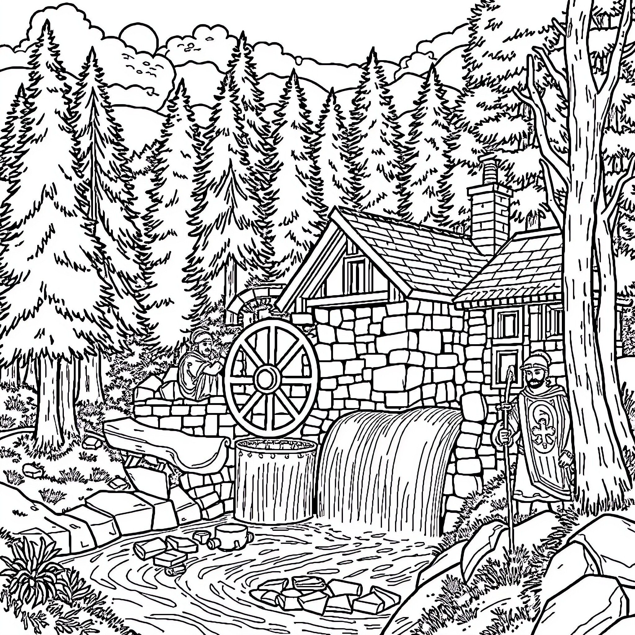 Roman Watermill in Forested Mountain Landscape Coloring Page (free black-and-white line drawing printable PDF for all, from beginners to advanced learners, including children, teens, adults, and seniors)
