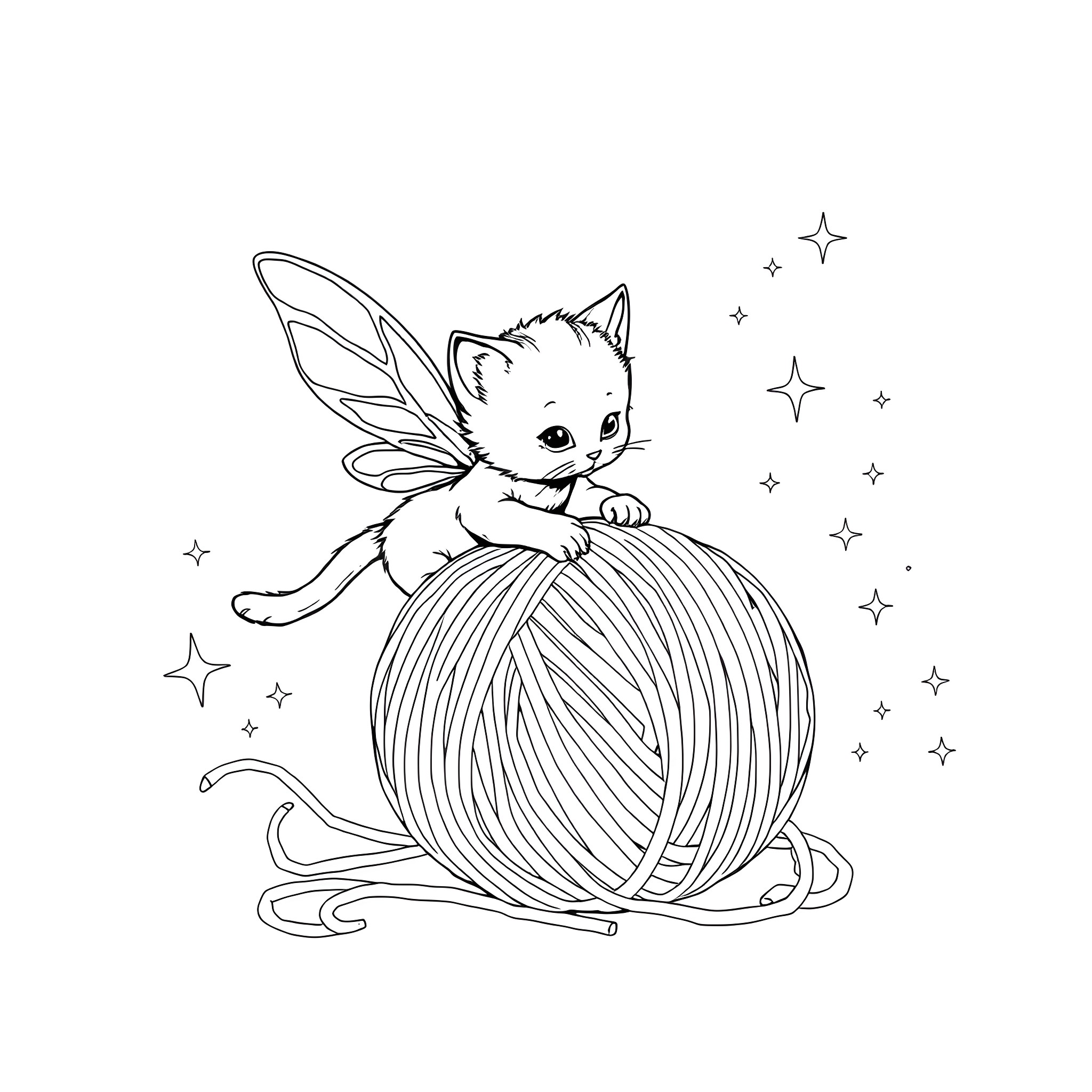 Kitten playing with ball of yarn in starry night Coloring Page (free black-and-white line drawing printable PDF for all, from beginners to advanced learners, including children, teens, adults, and seniors)
