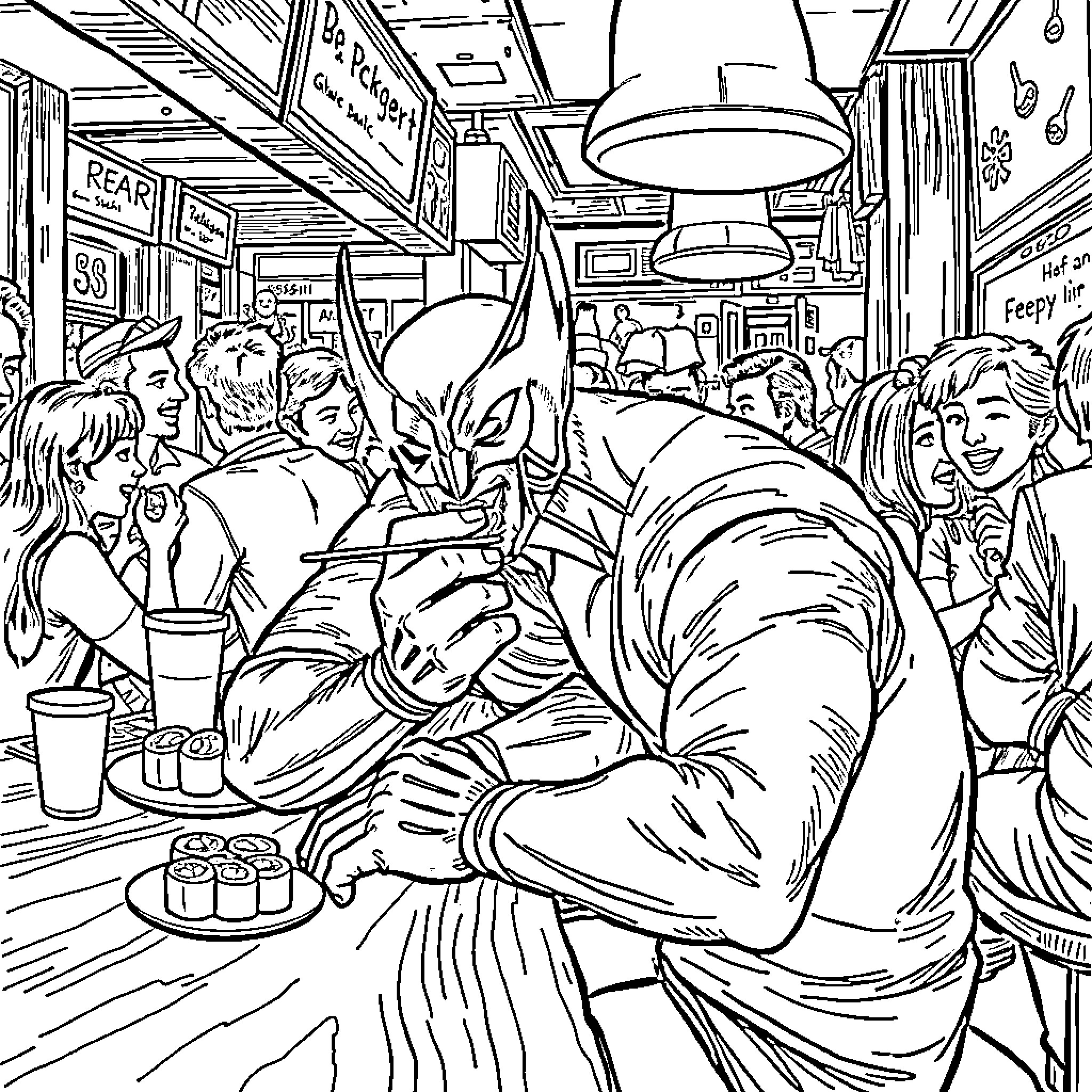 Wolverine Roaring Fiercely in Crowded Diner Coloring Page (free black-and-white line drawing printable PDF for all, from beginners to advanced learners, including children, teens, adults, and seniors)