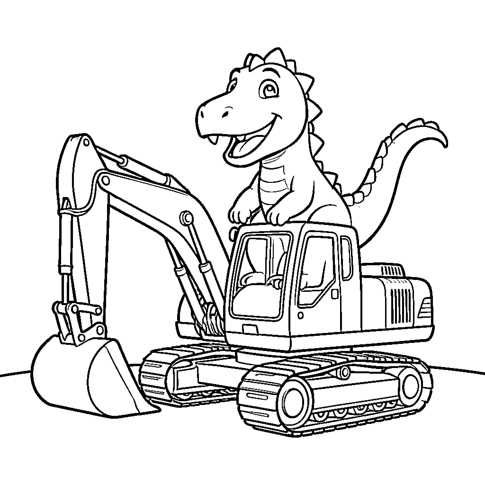 Dinosaur operating construction equipment Coloring Page (free black-and-white line drawing printable PDF for all, from beginners to advanced learners, including children, teens, adults, and seniors)