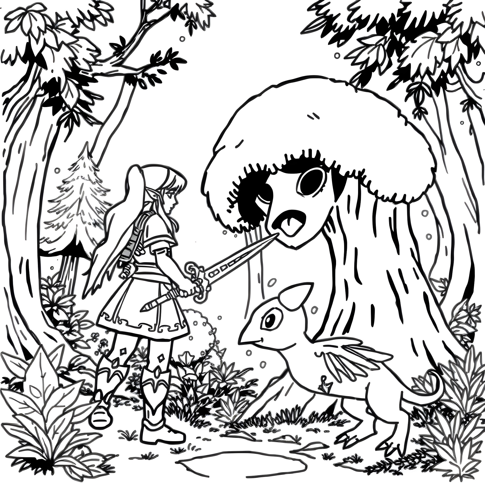 Zelda's Adventure in the Enchanted Forest Coloring Page (free black-and-white line drawing printable PDF for all, from beginners to advanced learners, including children, teens, adults, and seniors)