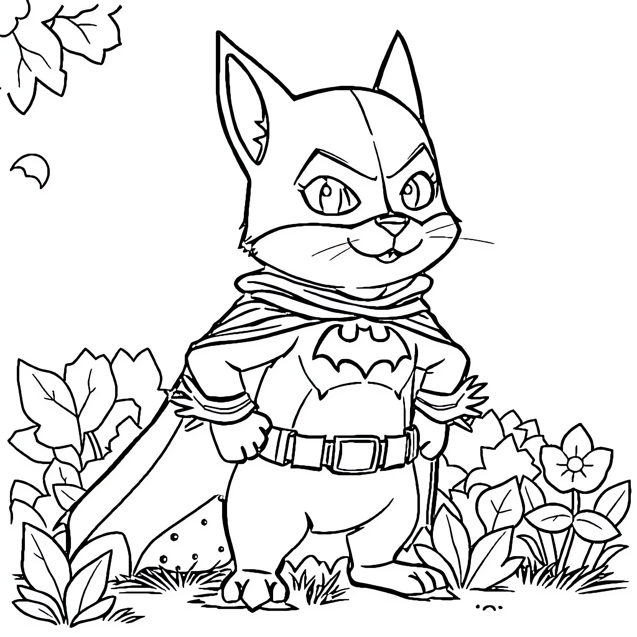 Garden Gnome Feline Hero in Floral Setting Coloring Page (free black-and-white line drawing printable PDF for all, from beginners to advanced learners, including children, teens, adults, and seniors)