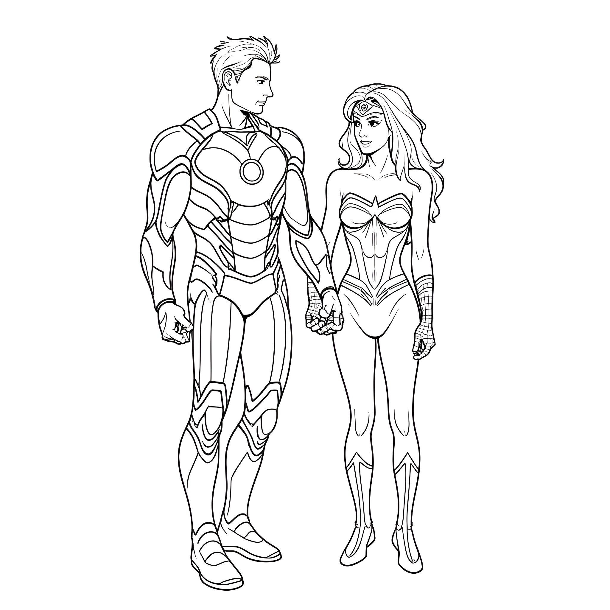 Superhero couple in heroic outfits Coloring Page (free black-and-white line drawing printable PDF for all, from beginners to advanced learners, including children, teens, adults, and seniors)
