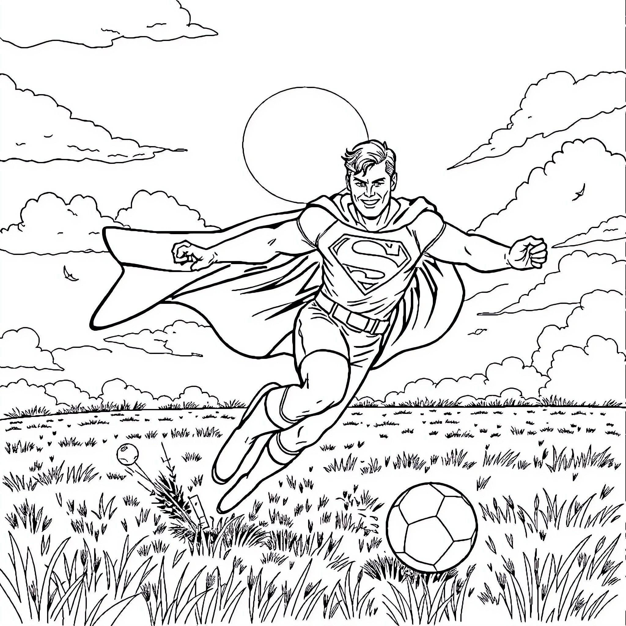 Superman flying heroically through the sky Coloring Page (free black-and-white line drawing printable PDF for all, from beginners to advanced learners, including children, teens, adults, and seniors)
