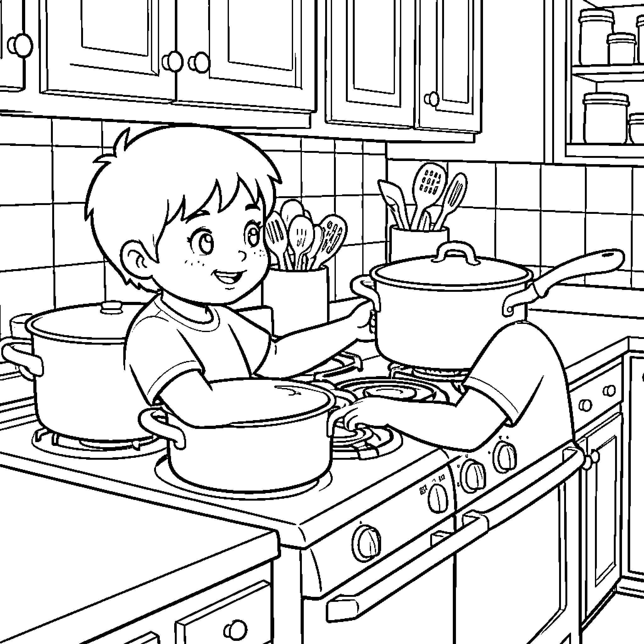 Enfant cooking food in the kitchen with pots Coloring Page (free black-and-white line drawing printable PDF for all, from beginners to advanced learners, including children, teens, adults, and seniors)