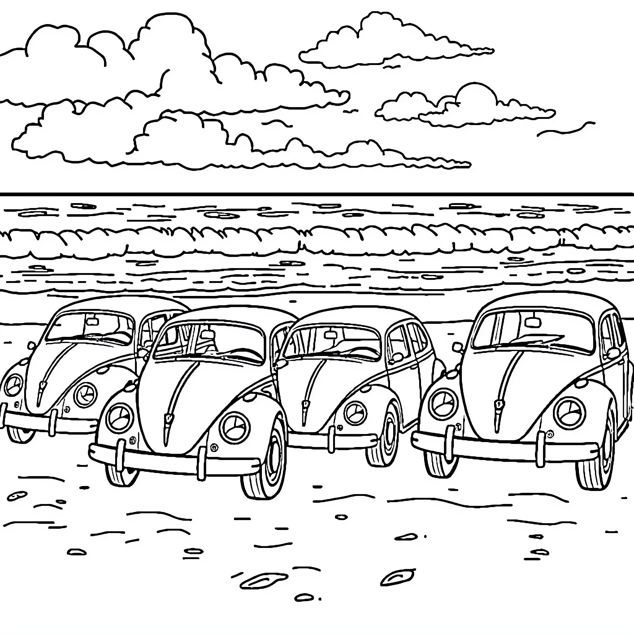 Volkswagen Beetles on the Beach Coloring Page (free black-and-white line drawing printable PDF for all, from beginners to advanced learners, including children, teens, adults, and seniors)