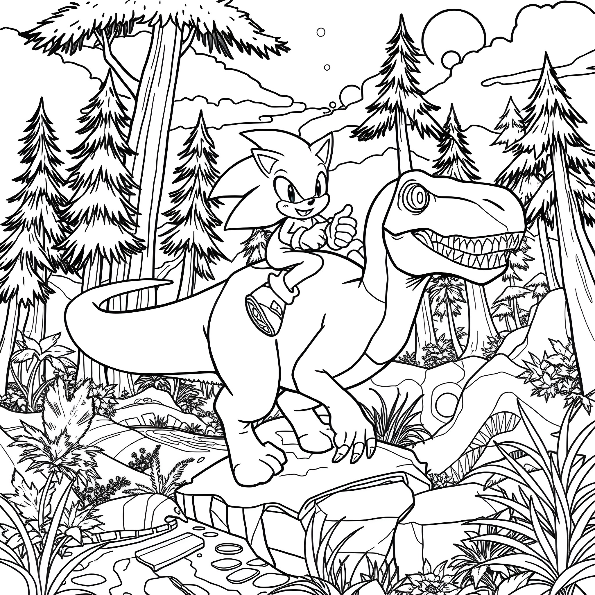 Sonic's Adventure in the Enchanted Forest Coloring Page (free black-and-white line drawing printable PDF for all, from beginners to advanced learners, including children, teens, adults, and seniors)