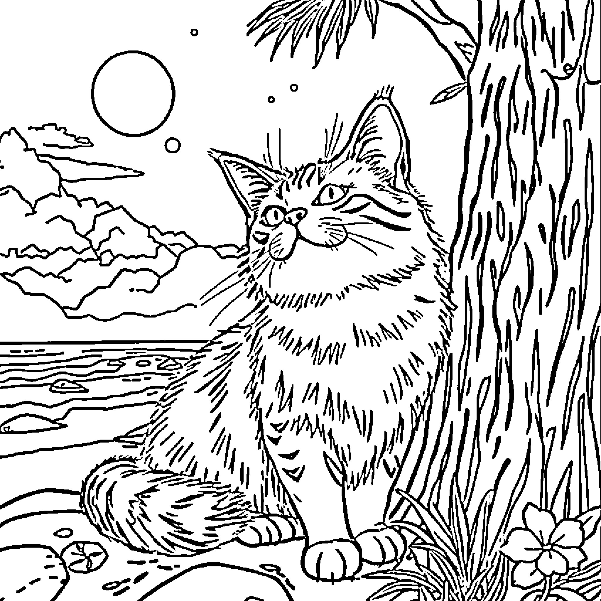 Cat observing nature in the outdoors Coloring Page (free black-and-white line drawing printable PDF for all, from beginners to advanced learners, including children, teens, adults, and seniors)