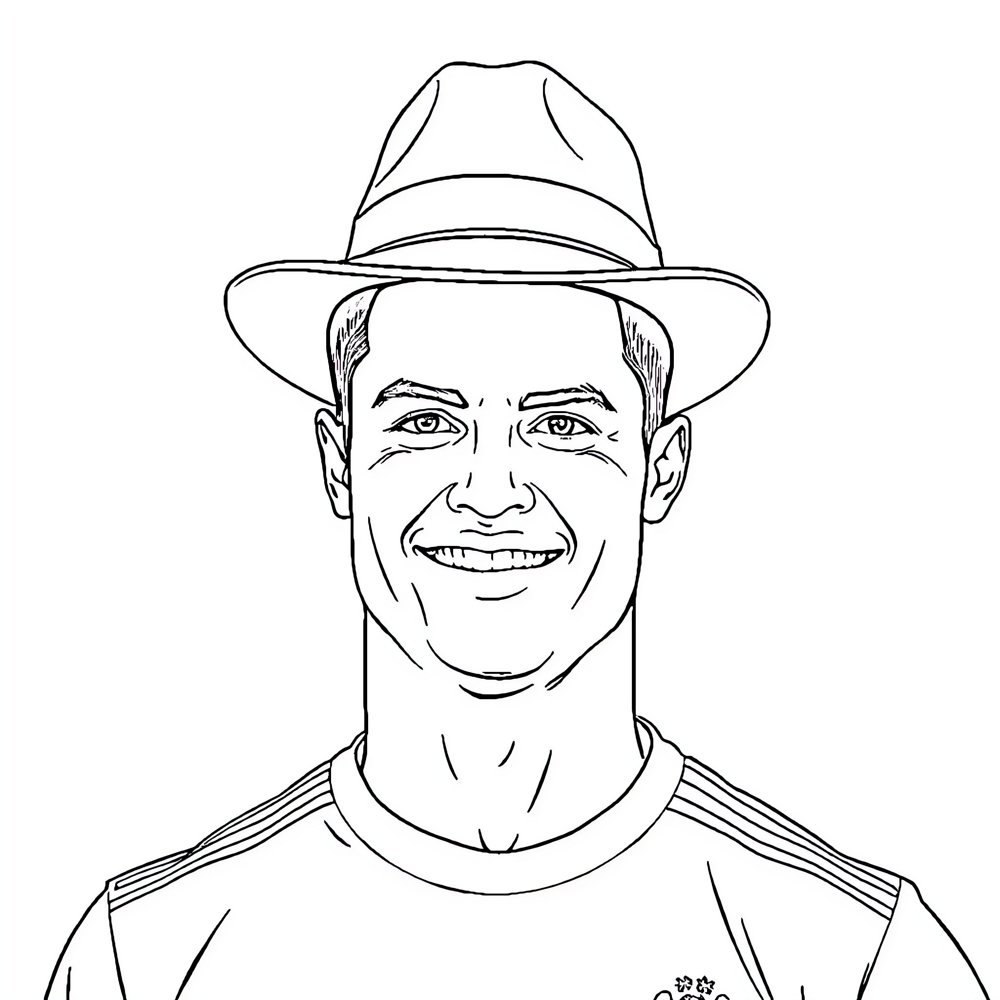 Ronaldo smiling happily in his signature hat Coloring Page (free black-and-white line drawing printable PDF for all, from beginners to advanced learners, including children, teens, adults, and seniors)