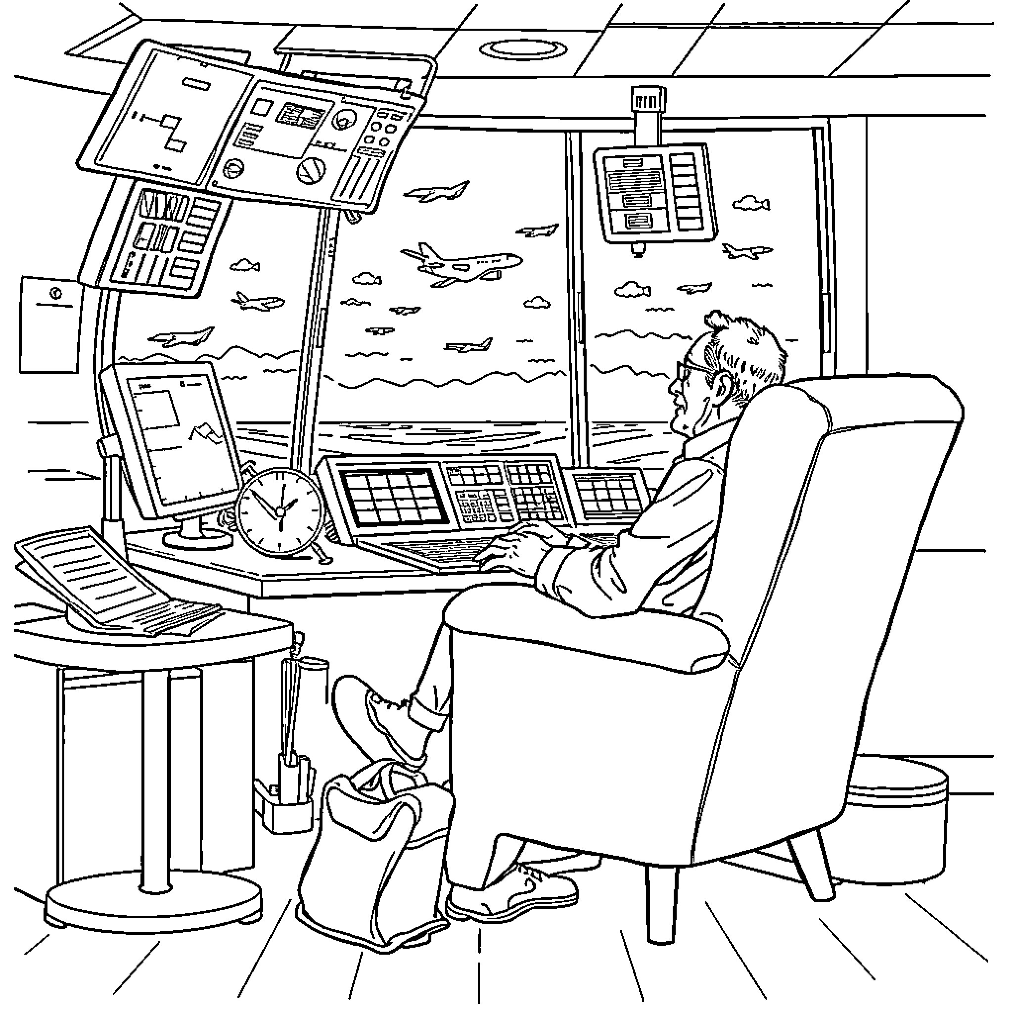 Air Traffic Controller Monitoring Flight Operations Coloring Page (free black-and-white line drawing printable PDF for all, from beginners to advanced learners, including children, teens, adults, and seniors)