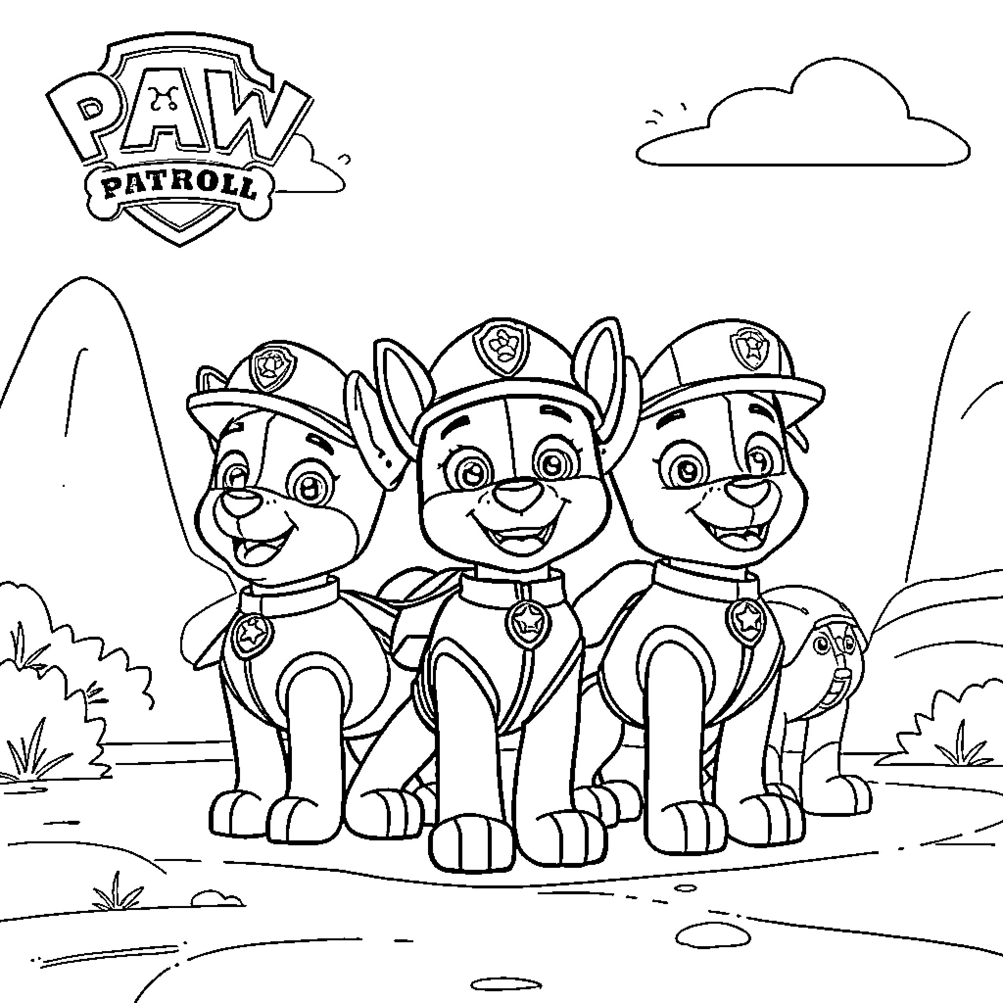 Paw Patrol puppies in action Coloring Page (free black-and-white line drawing printable PDF for all, from beginners to advanced learners, including children, teens, adults, and seniors)