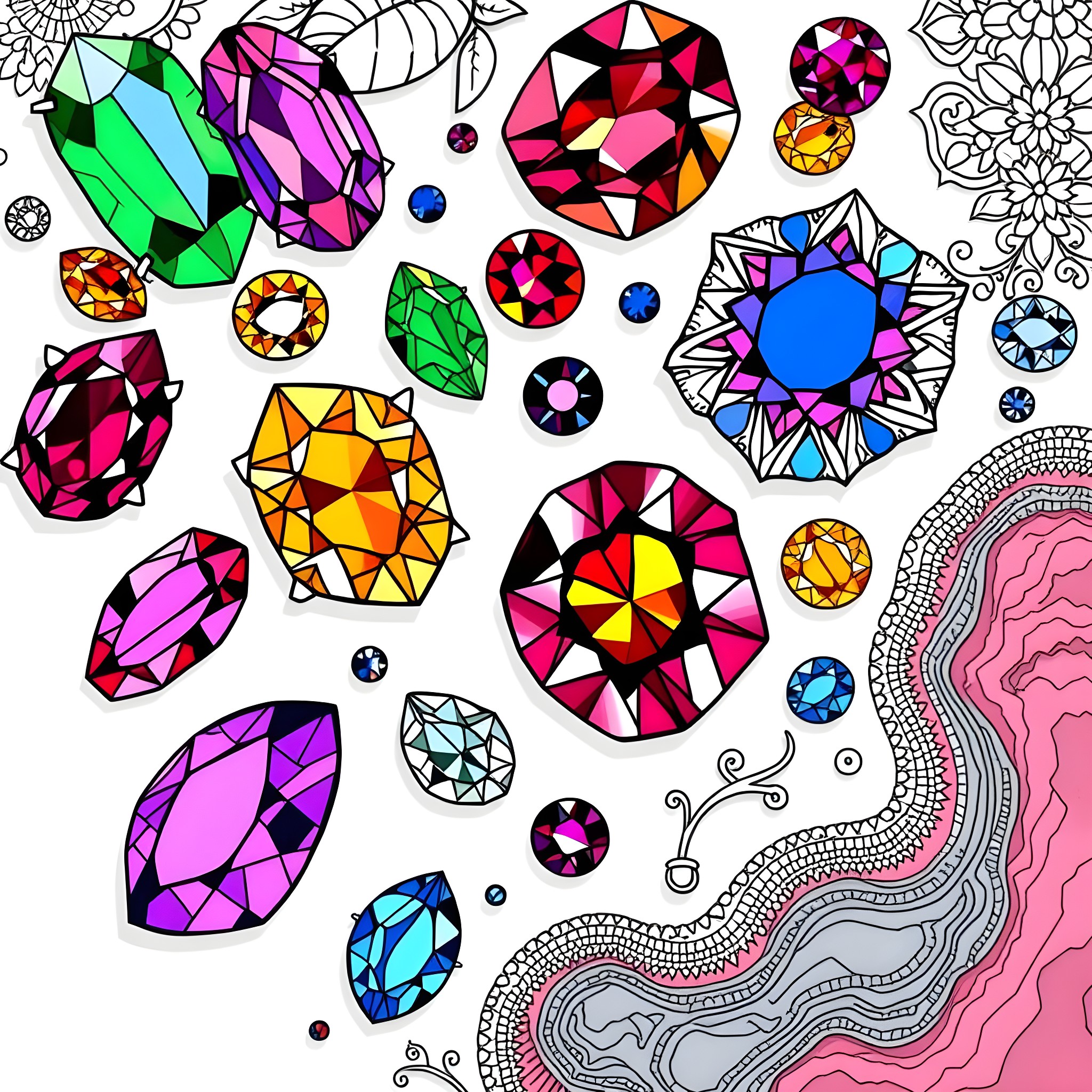 Gem-like Shapes and Crystals in Vibrant Colors Coloring Page (free black-and-white line drawing printable PDF for all, from beginners to advanced learners, including children, teens, adults, and seniors)