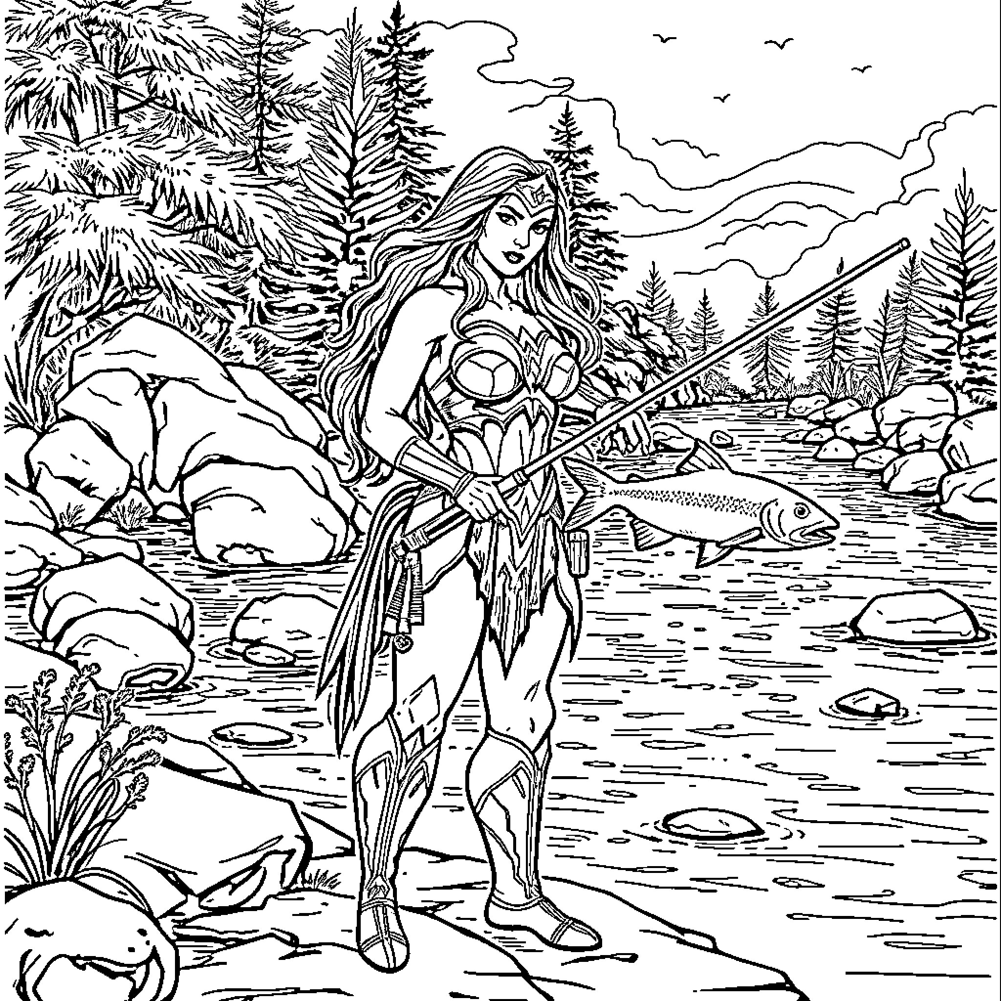 Wonder Woman in nature's serene landscape Coloring Page (free black-and-white line drawing printable PDF for all, from beginners to advanced learners, including children, teens, adults, and seniors)