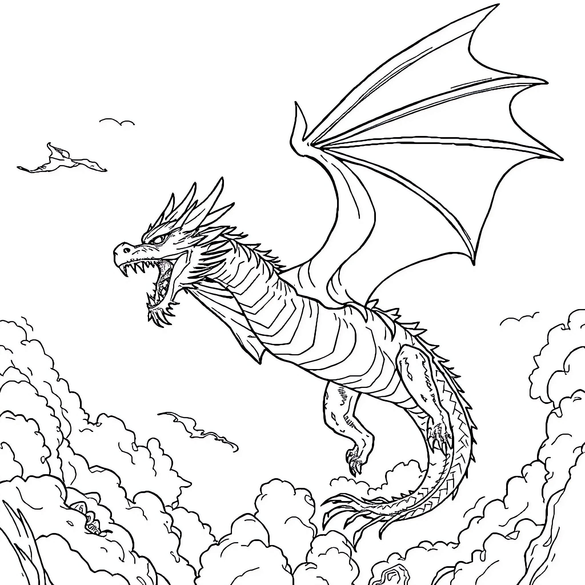 Dragon soaring amidst clouds in the sky Coloring Page (free black-and-white line drawing printable PDF for all, from beginners to advanced learners, including children, teens, adults, and seniors)