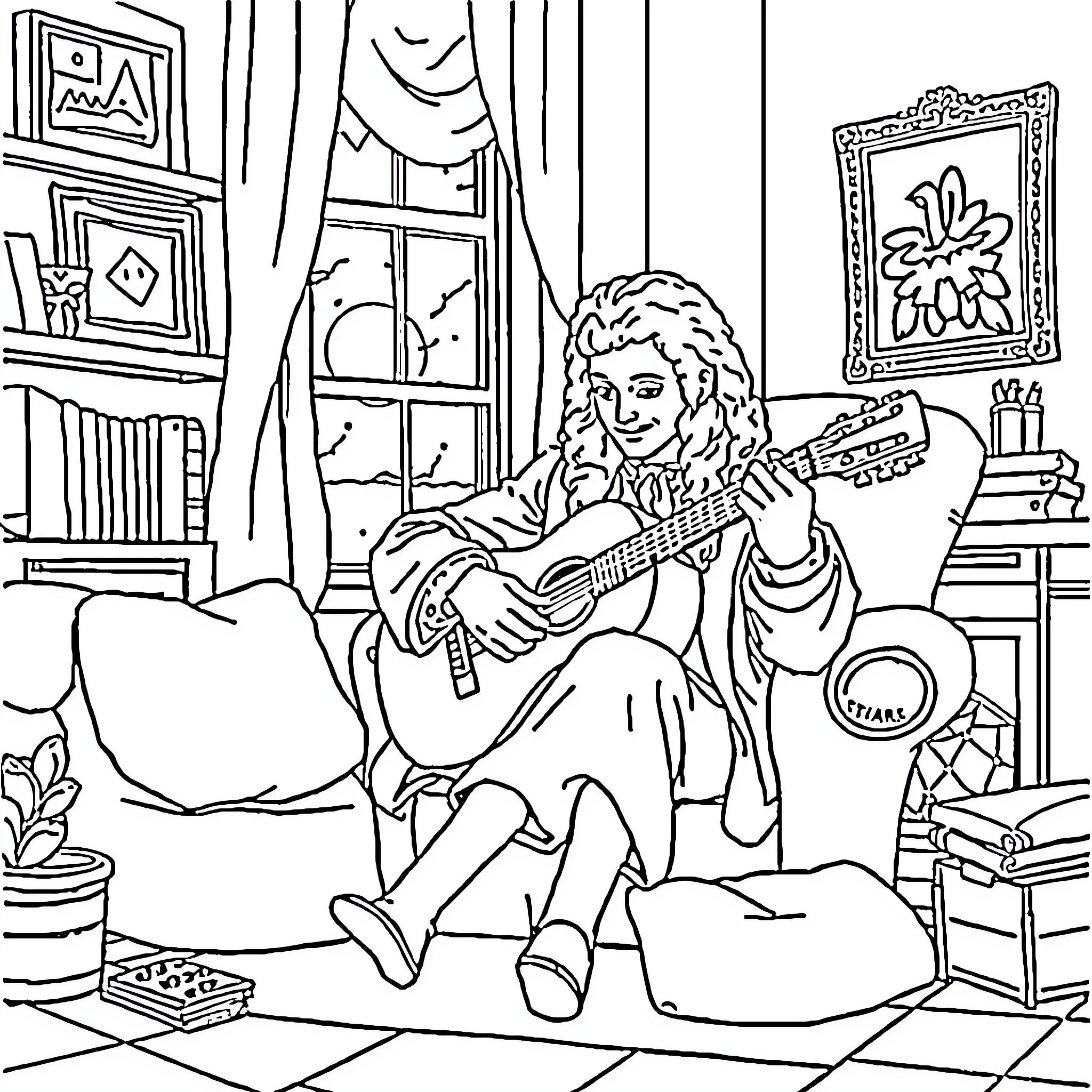 Isaac Newton playing guitar in a cozy study Coloring Page (free black-and-white line drawing printable PDF for all, from beginners to advanced learners, including children, teens, adults, and seniors)