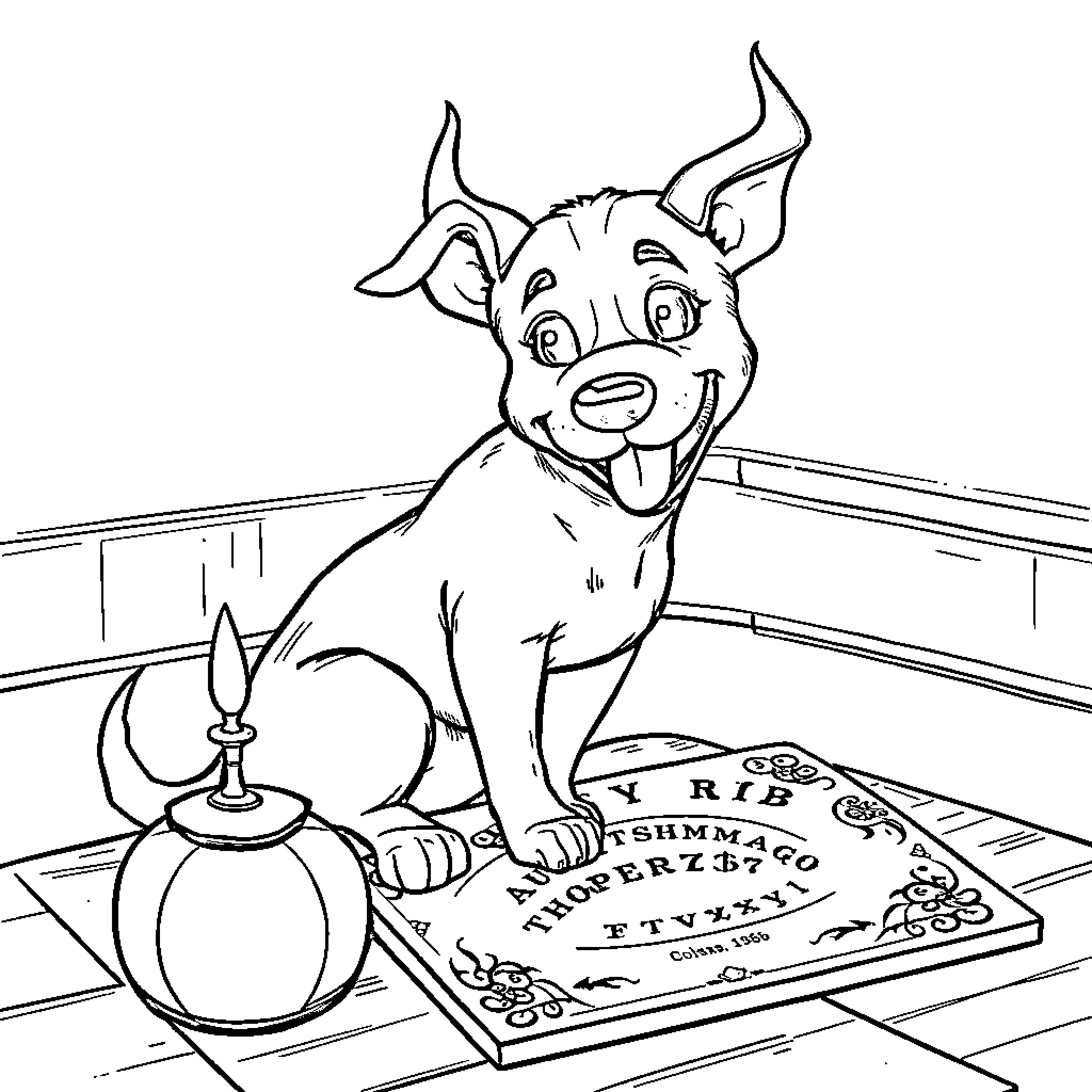 Dog playing with Ouija board in room Coloring Page (free black-and-white line drawing printable PDF for all, from beginners to advanced learners, including children, teens, adults, and seniors)