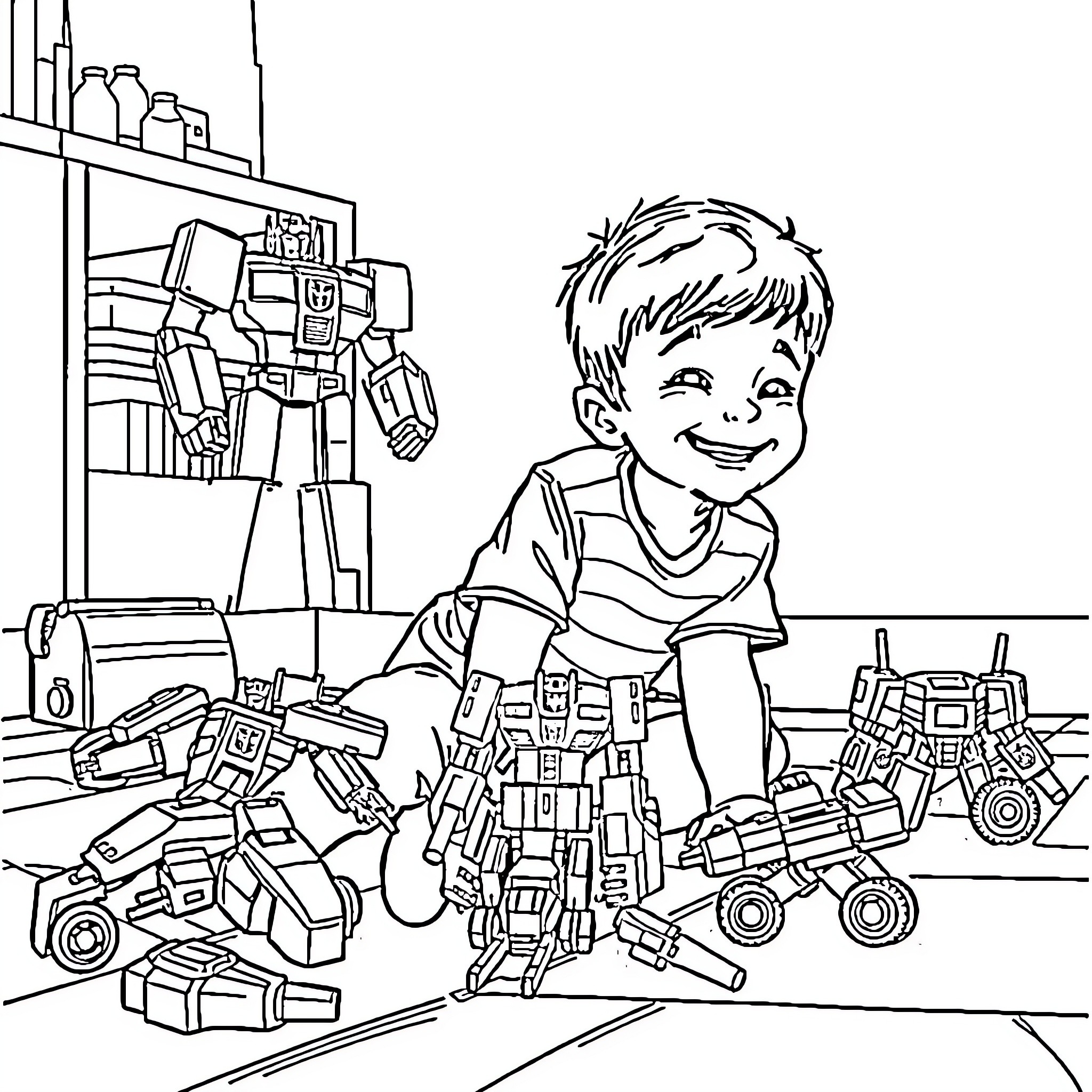 Boy playing happily with robotic toys in room Coloring Page (free black-and-white line drawing printable PDF for all, from beginners to advanced learners, including children, teens, adults, and seniors)