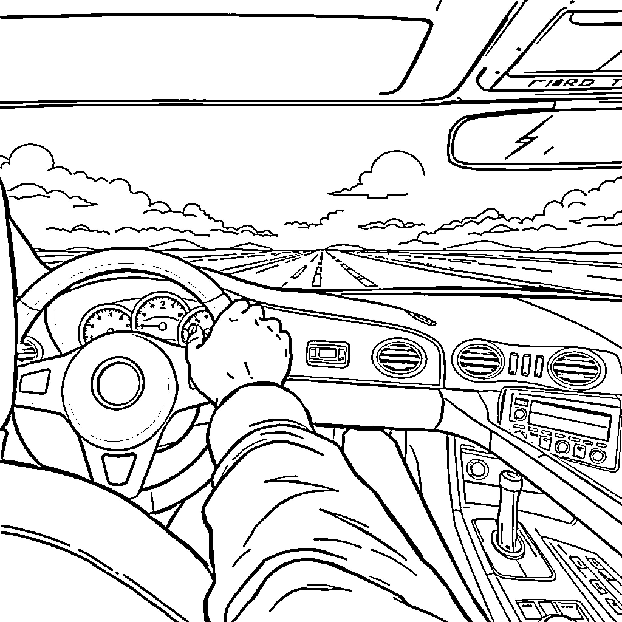 Car Journey Through Scenic Landscape Coloring Page (free black-and-white line drawing printable PDF for all, from beginners to advanced learners, including children, teens, adults, and seniors)