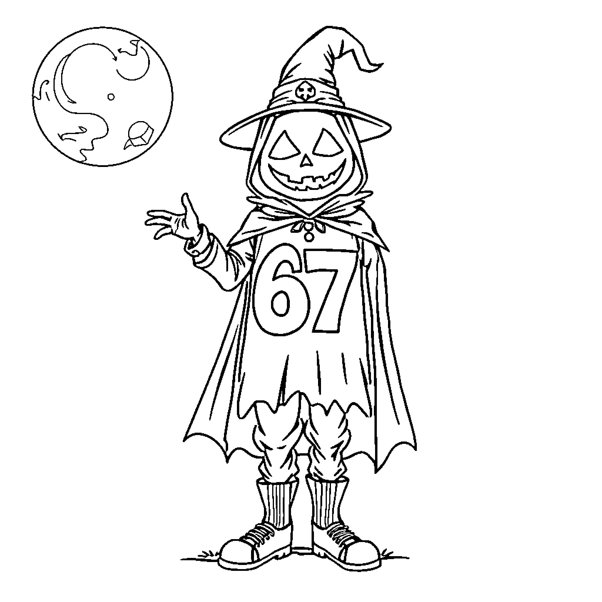 Number Spooky Halloween Character in Costume Coloring Page (free black-and-white line drawing printable PDF for all, from beginners to advanced learners, including children, teens, adults, and seniors)