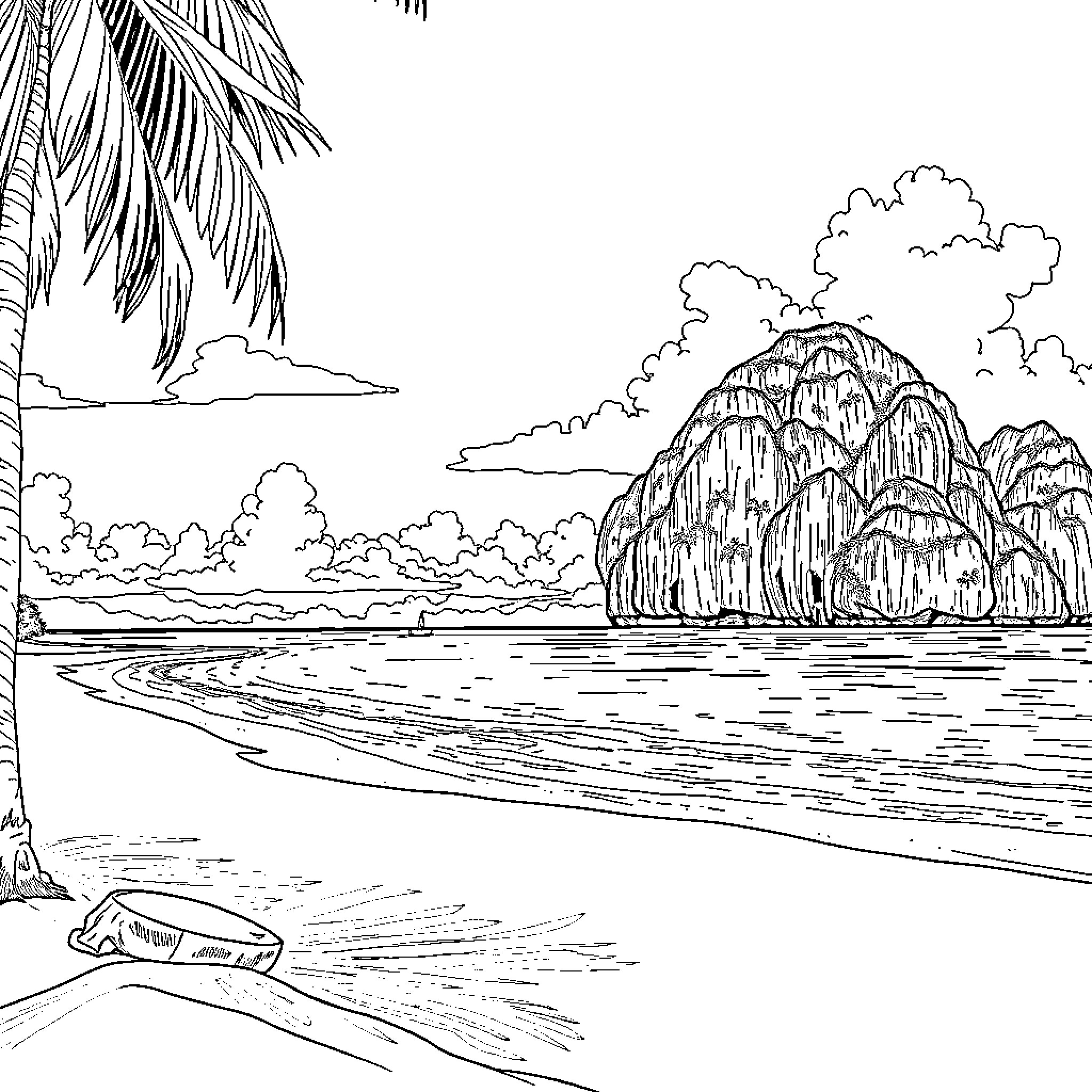Beach scene with tropical landscape and waves Coloring Page (free black-and-white line drawing printable PDF for all, from beginners to advanced learners, including children, teens, adults, and seniors)