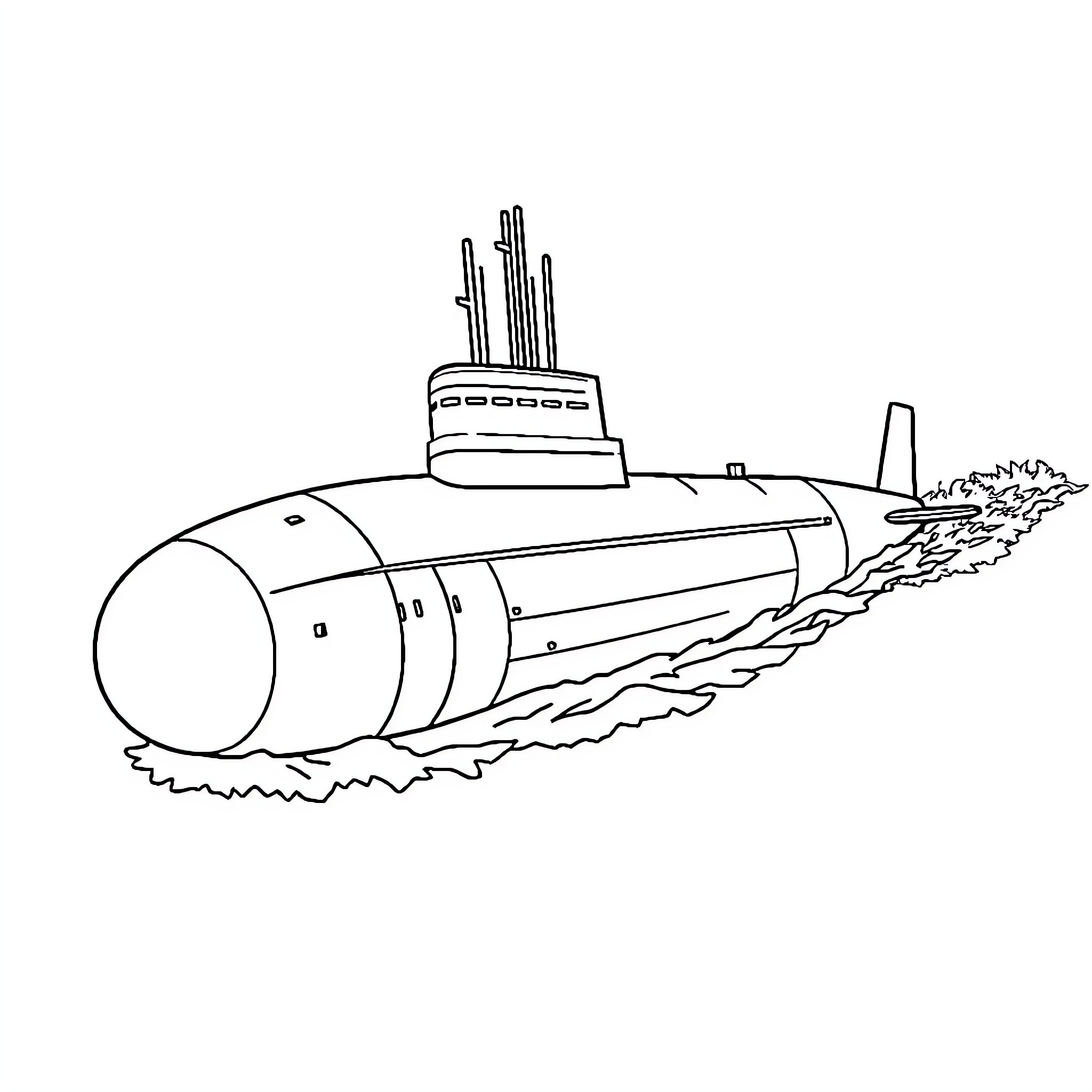 Submarine racing through the waves Coloring Page (free black-and-white line drawing printable PDF for all, from beginners to advanced learners, including children, teens, adults, and seniors)
