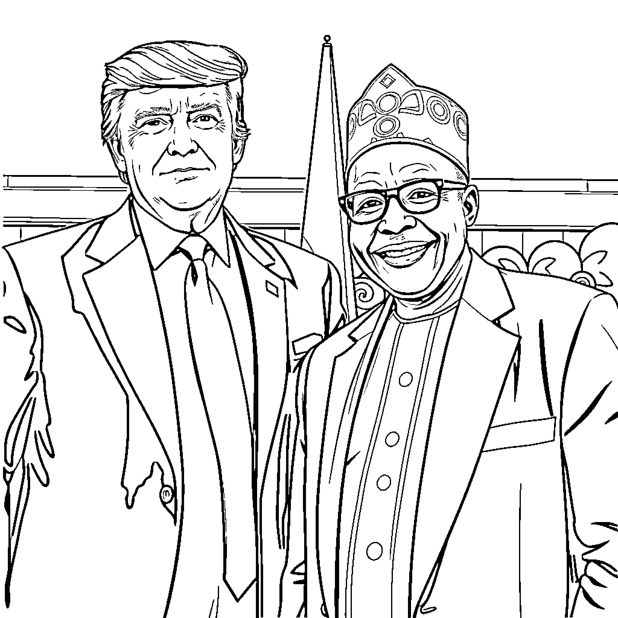 Donald Trump shakes hands with Olusegun Obasanjo, former president of Nigeria Coloring Page (free black-and-white line drawing printable PDF for all, from beginners to advanced learners, including children, teens, adults, and seniors)