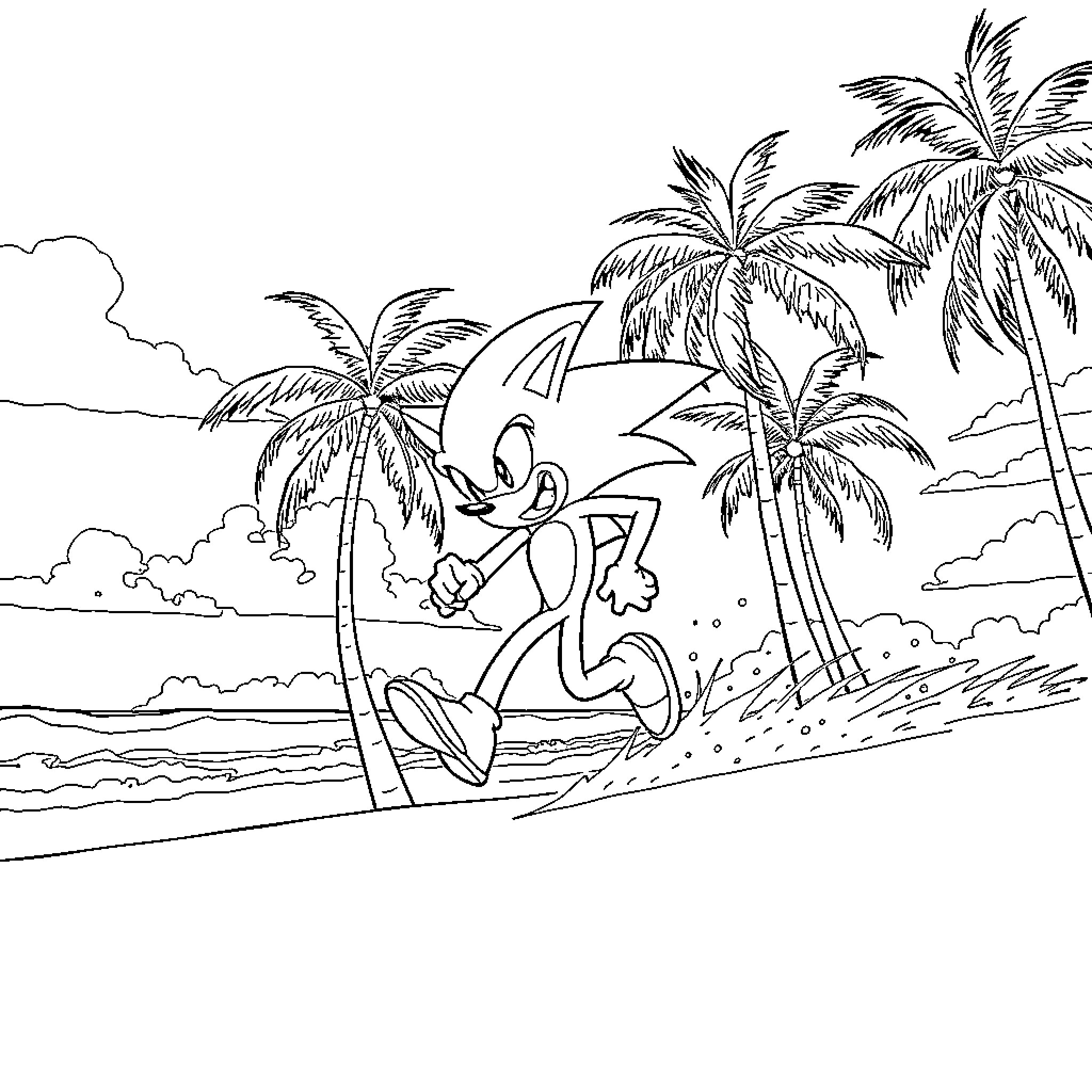 Sonic running through a tropical beach scene Coloring Page (free black-and-white line drawing printable PDF for all, from beginners to advanced learners, including children, teens, adults, and seniors)