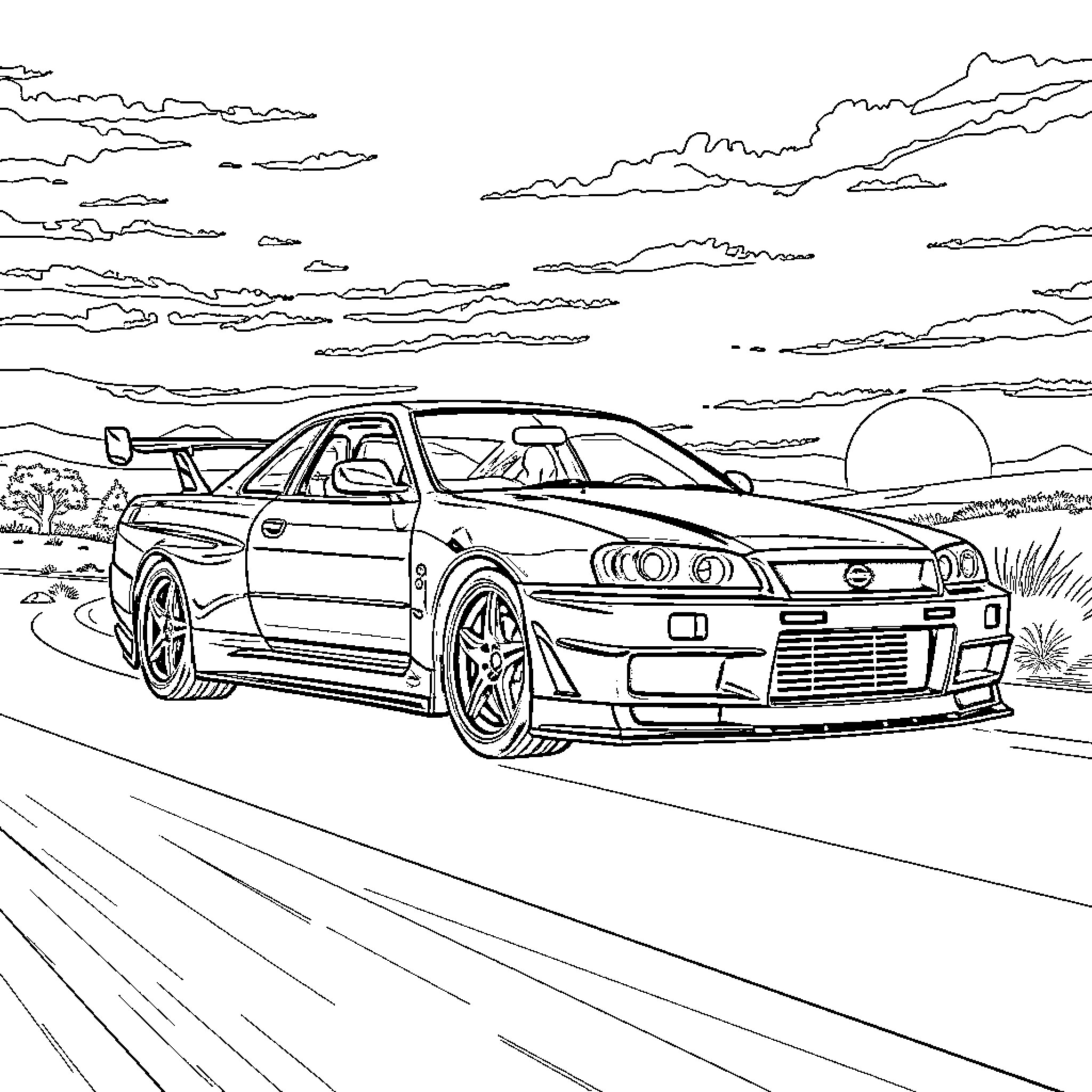 Nissan R34 speeding through the countryside Coloring Page (free black-and-white line drawing printable PDF for all, from beginners to advanced learners, including children, teens, adults, and seniors)