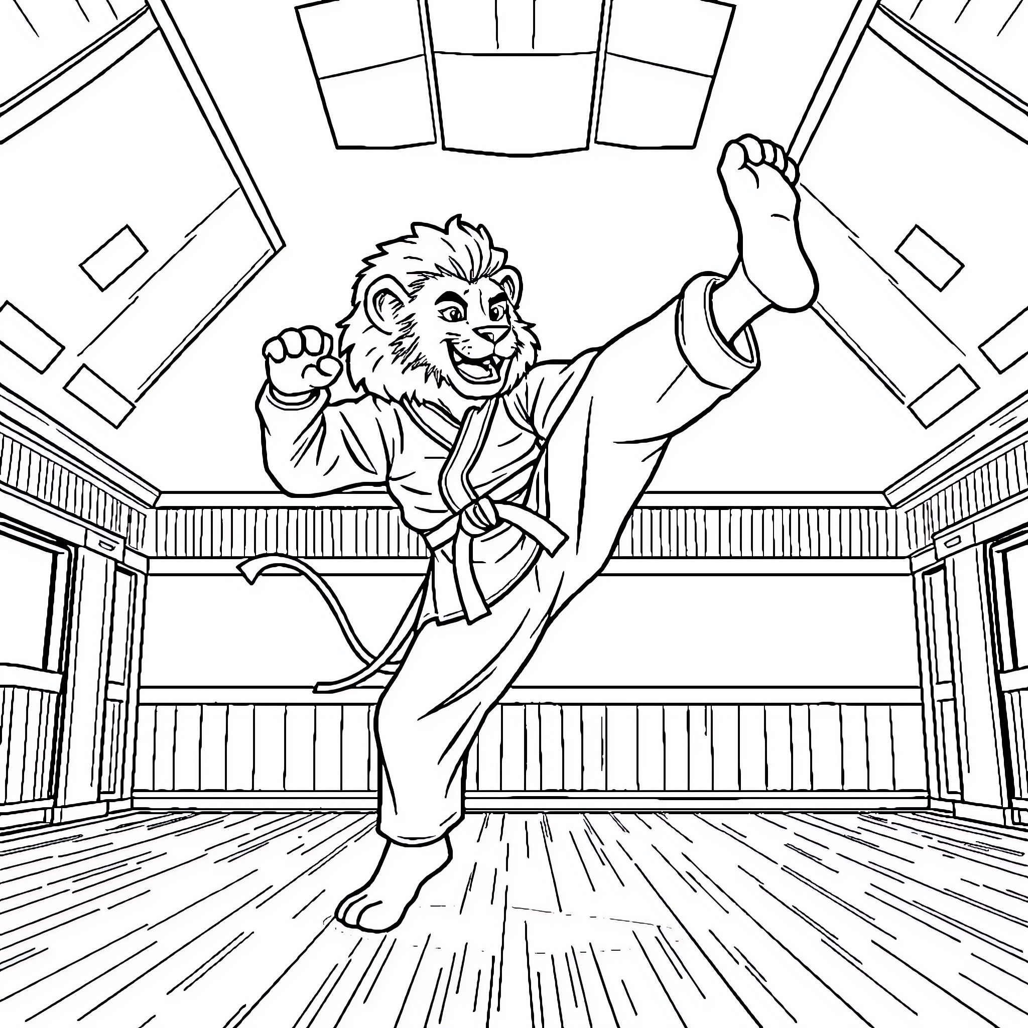 Lion demonstrating martial arts moves in dojo Coloring Page (free black-and-white line drawing printable PDF for all, from beginners to advanced learners, including children, teens, adults, and seniors)
