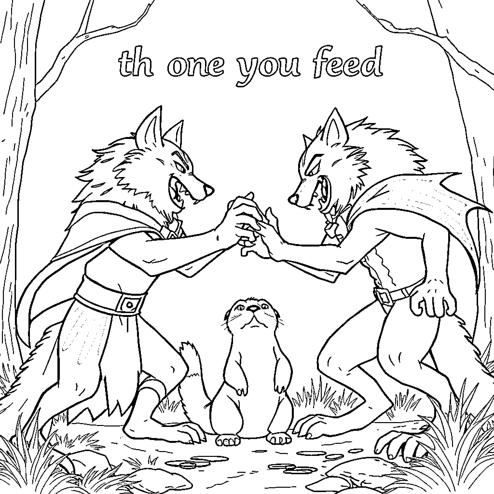 Wolf warriors facing off in the forest Coloring Page (free black-and-white line drawing printable PDF for all, from beginners to advanced learners, including children, teens, adults, and seniors)