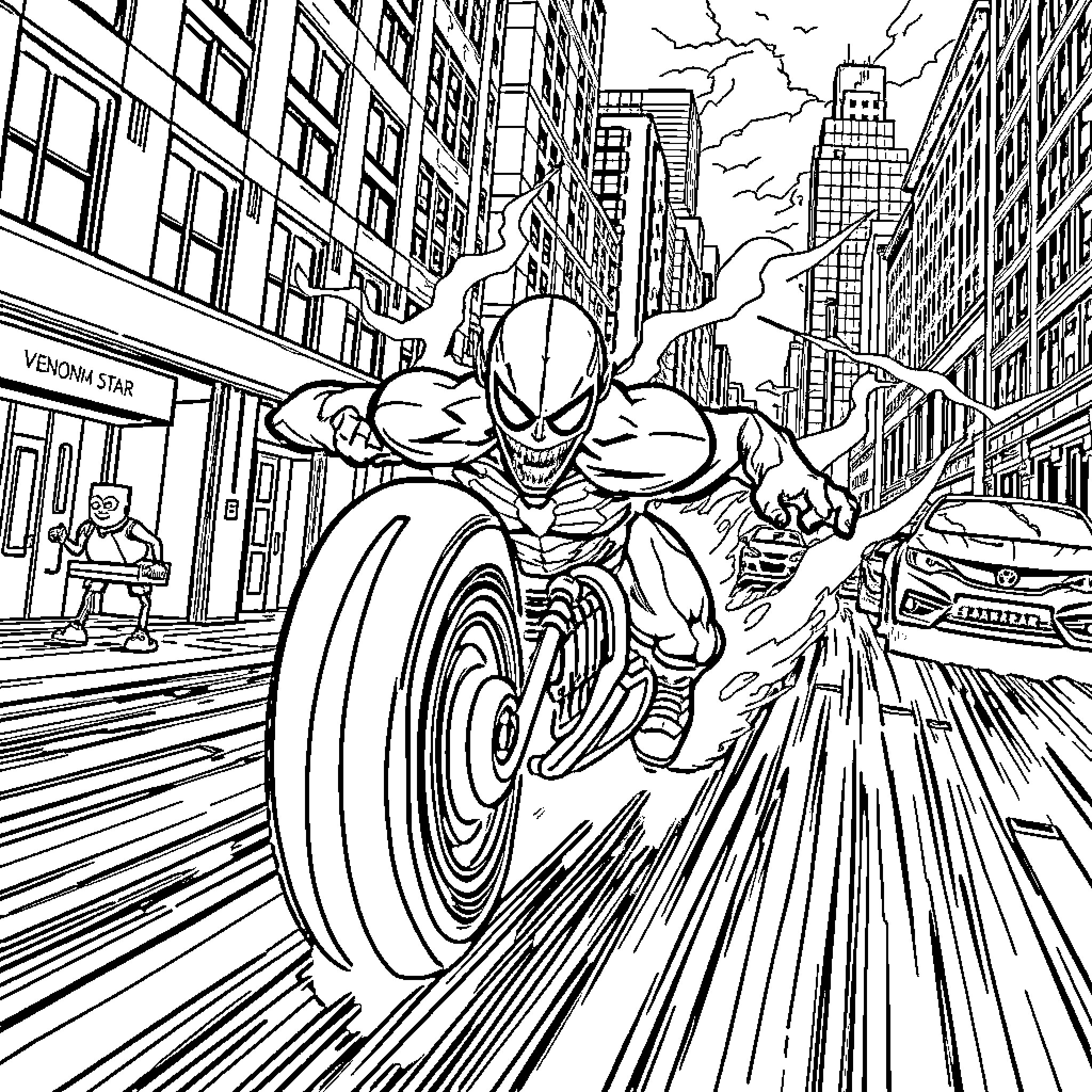 Flash speeding through the city streets Coloring Page (free black-and-white line drawing printable PDF for all, from beginners to advanced learners, including children, teens, adults, and seniors)