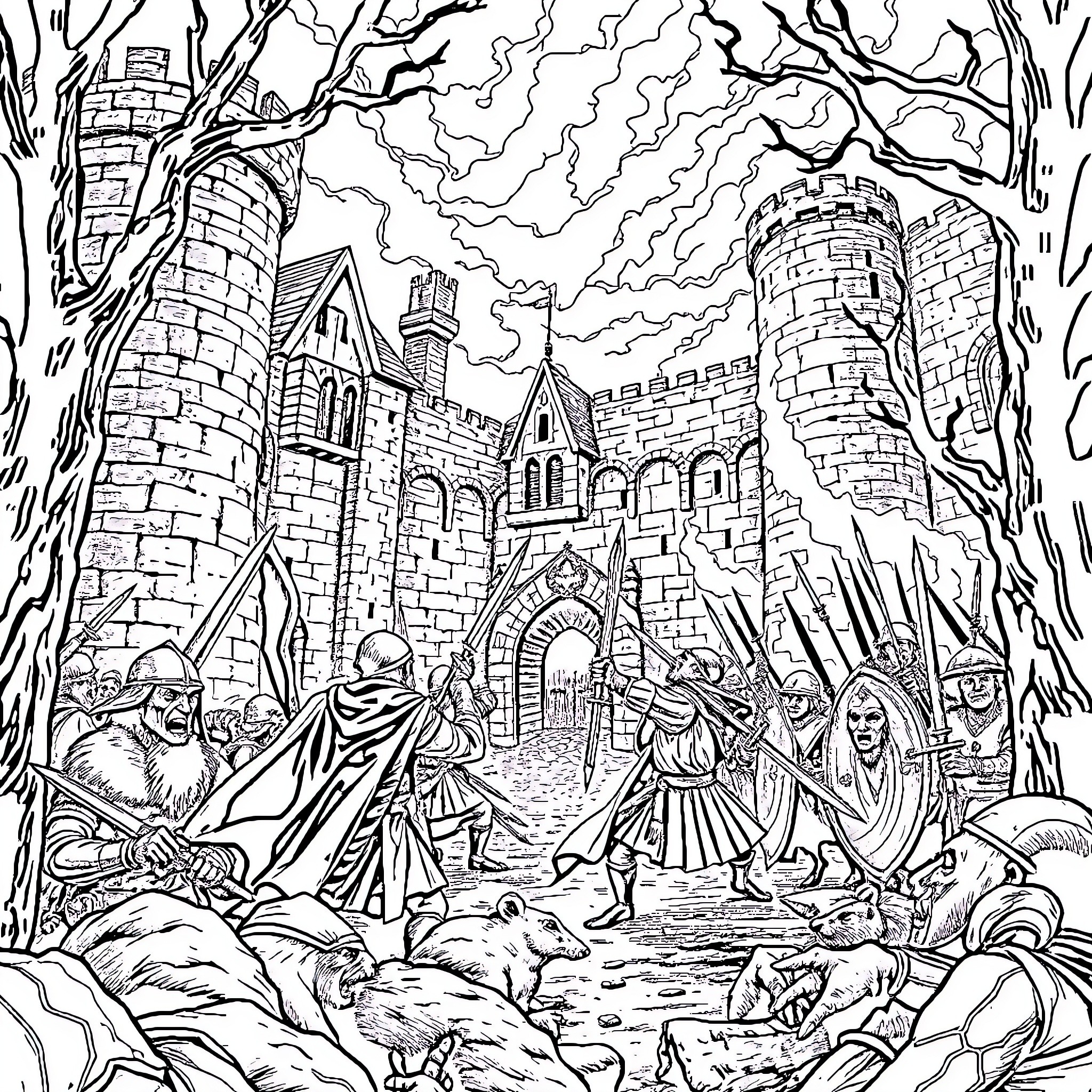 Battle of the Ancient Castle Ruins Coloring Page (free black-and-white line drawing printable PDF for all, from beginners to advanced learners, including children, teens, adults, and seniors)