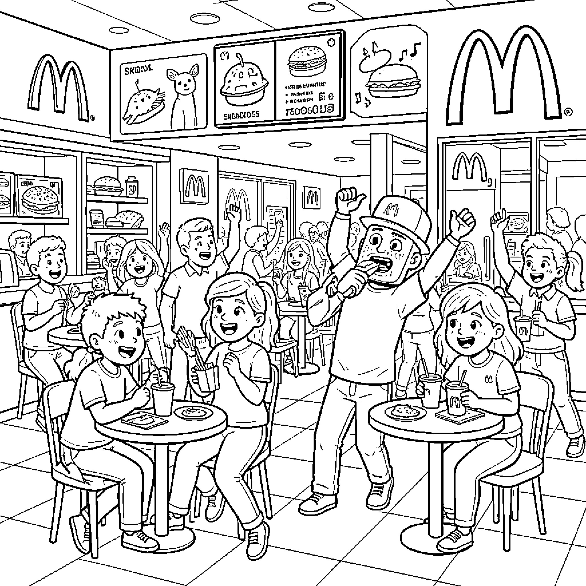 Skibidi group of children eating and celebrating at fast food restaurant Coloring Page (free black-and-white line drawing printable PDF for all, from beginners to advanced learners, including children, teens, adults, and seniors)