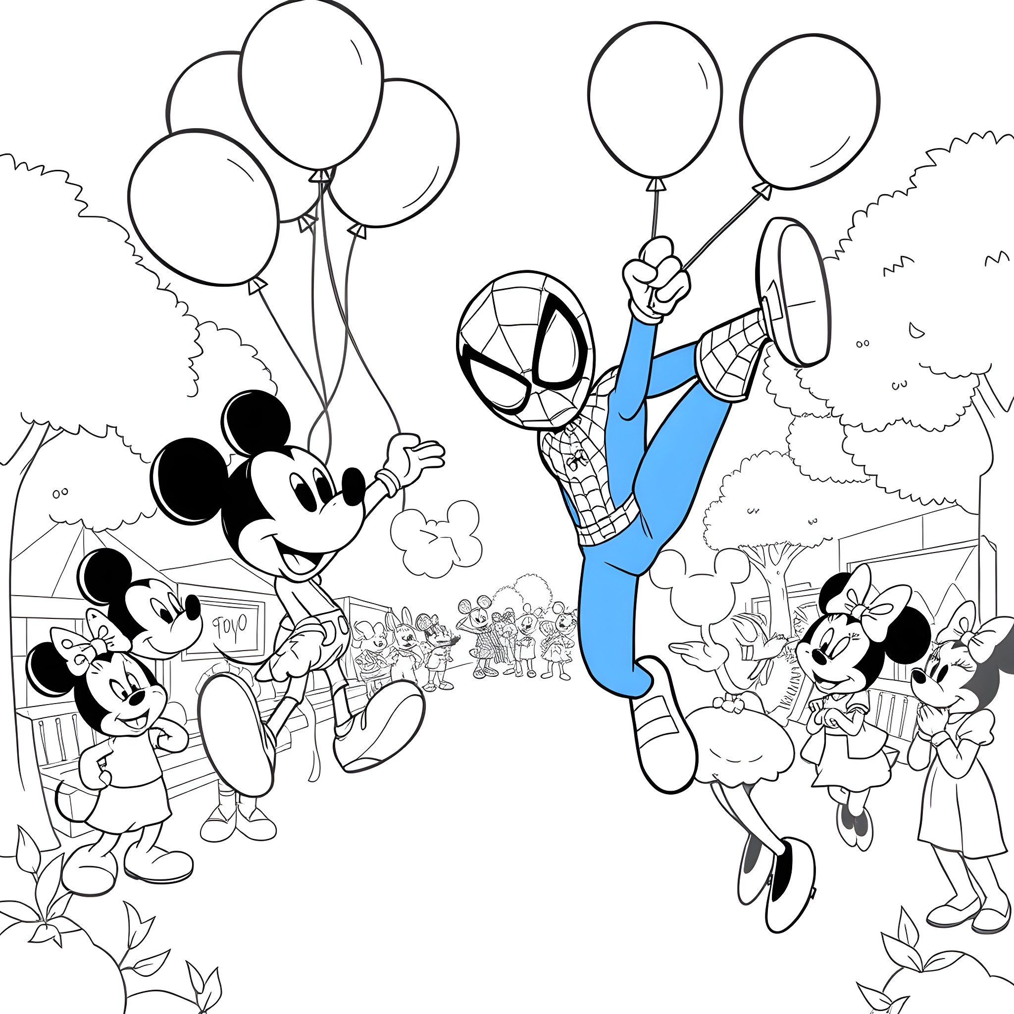 Spiderman and Mickey Mouse celebrate with balloons Coloring Page (free black-and-white line drawing printable PDF for all, from beginners to advanced learners, including children, teens, adults, and seniors)
