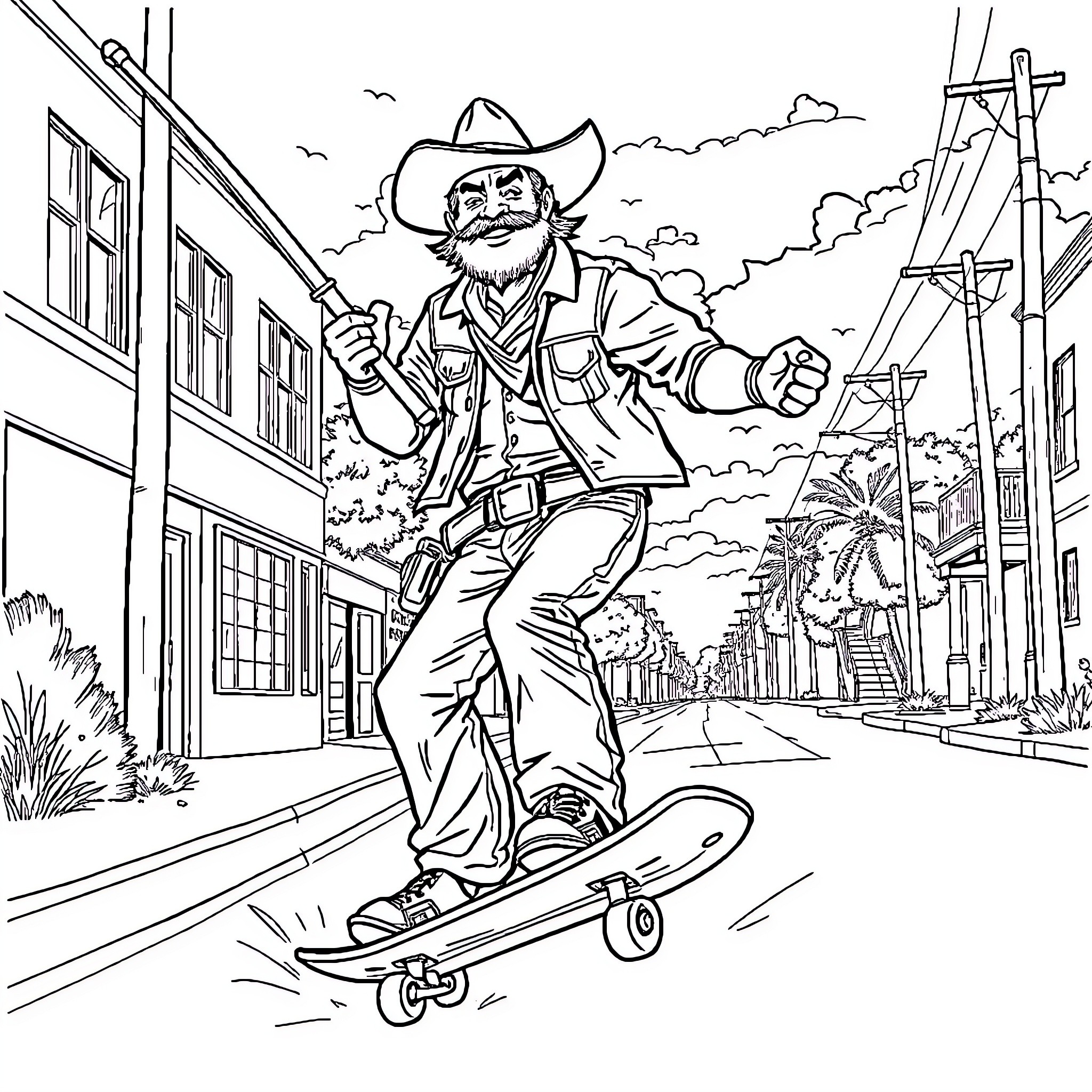 Cowboy riding skateboard in a western town Coloring Page (free black-and-white line drawing printable PDF for all, from beginners to advanced learners, including children, teens, adults, and seniors)