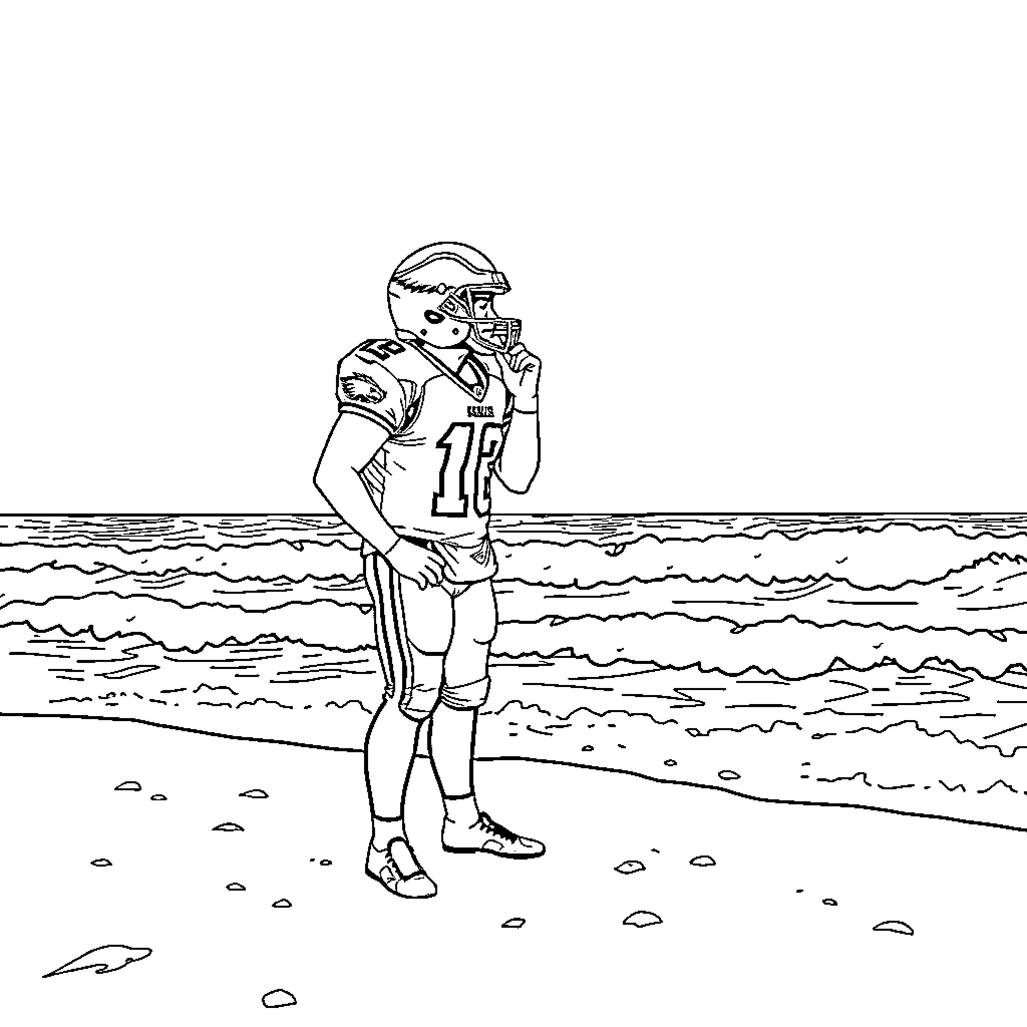 Philadelphia Eagles Player Standing on Beach Coloring Page (free black-and-white line drawing printable PDF for all, from beginners to advanced learners, including children, teens, adults, and seniors)