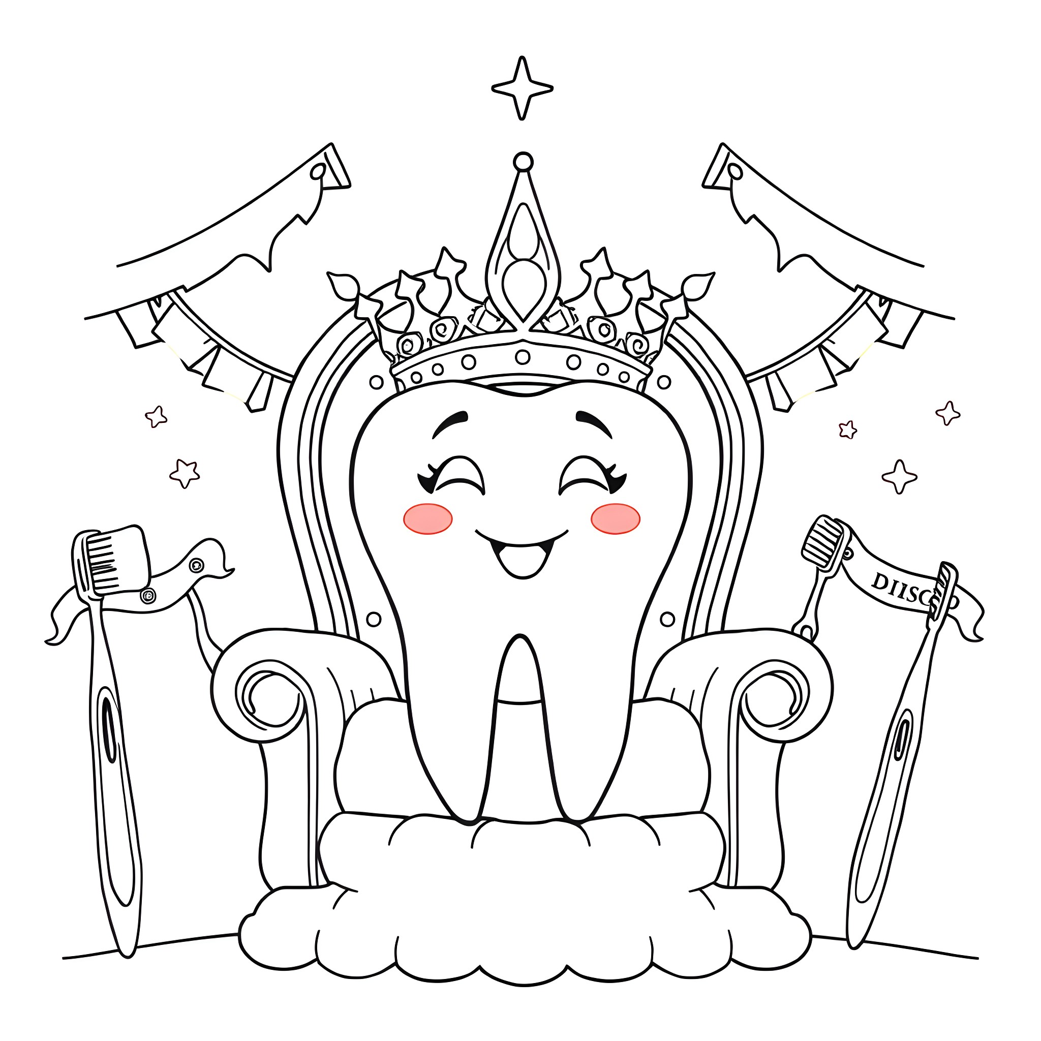 Tooth Wearing a Crown and Holding Toothbrushes Coloring Page (free black-and-white line drawing printable PDF for all, from beginners to advanced learners, including children, teens, adults, and seniors)
