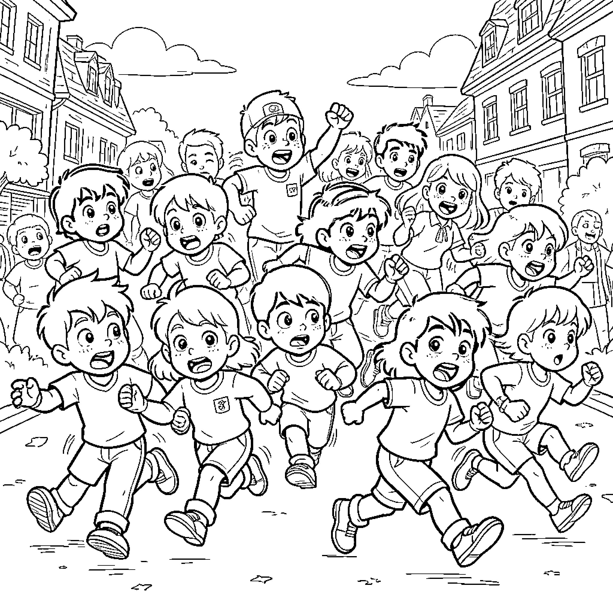 Superbook: Children playing and running happily in the street Coloring Page (free black-and-white line drawing printable PDF for all, from beginners to advanced learners, including children, teens, adults, and seniors)