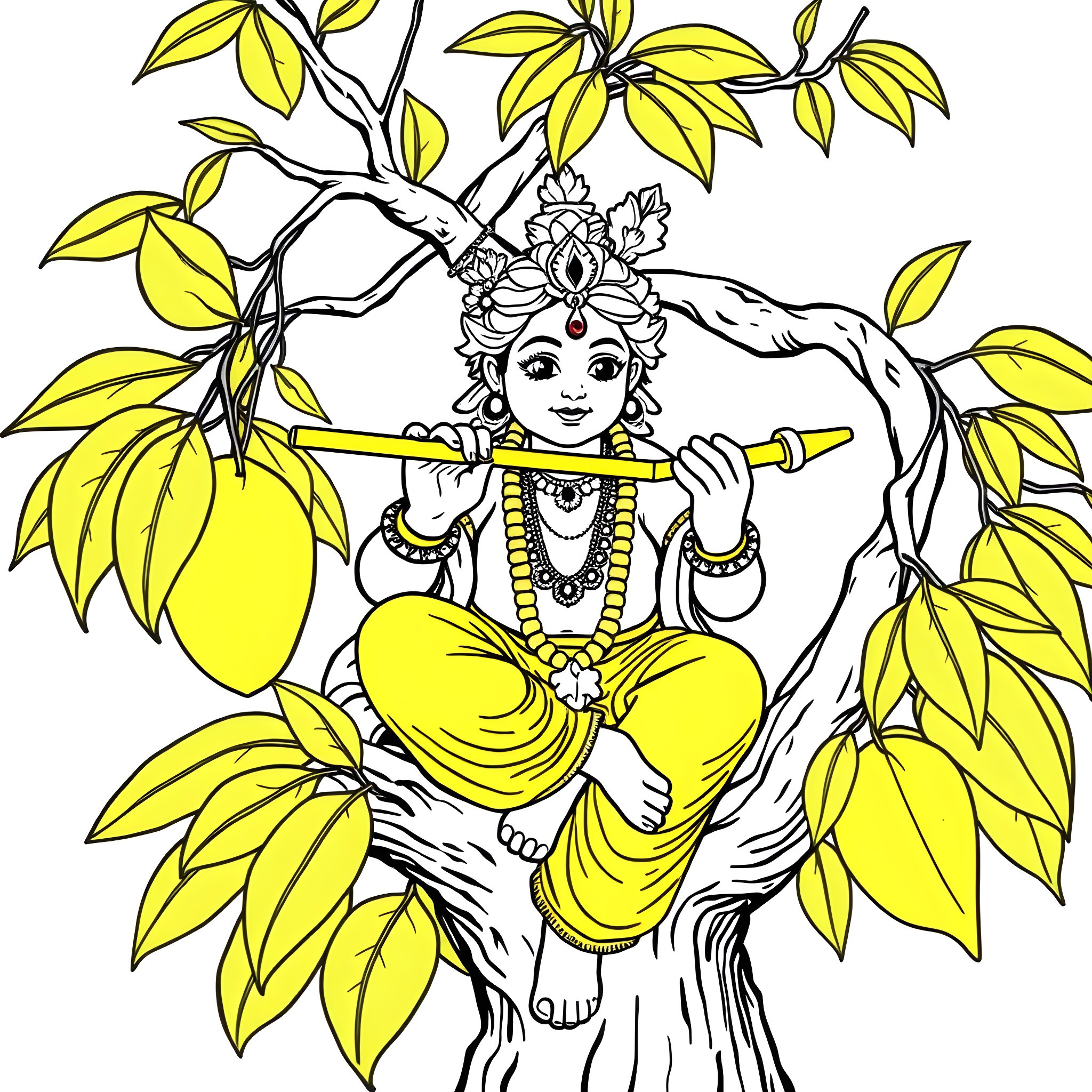 Krishna playing the flute amidst lush foliage Coloring Page (free black-and-white line drawing printable PDF for all, from beginners to advanced learners, including children, teens, adults, and seniors)