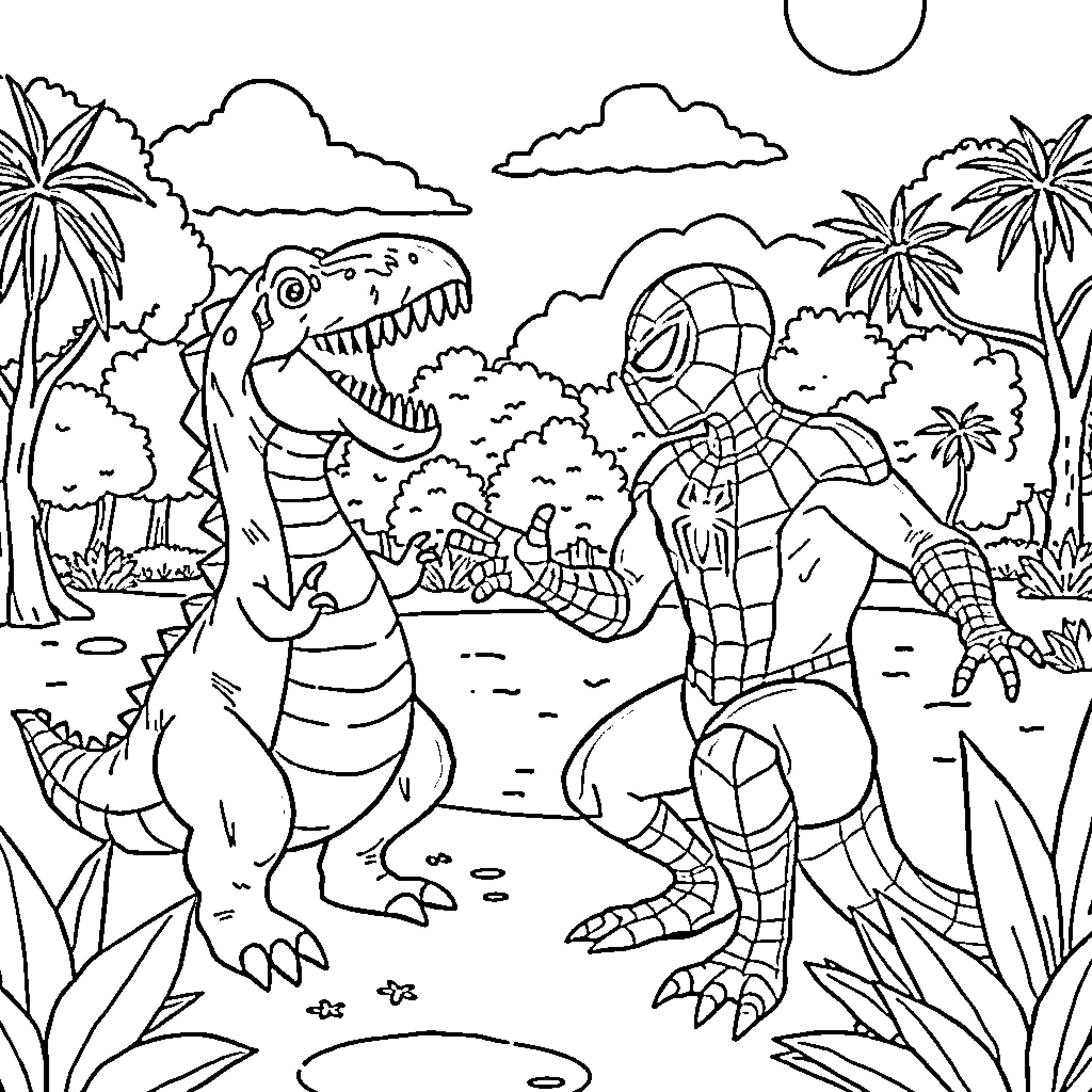 Dinosaur and Spider-Man in Tropical Landscape Coloring Page (free black-and-white line drawing printable PDF for all, from beginners to advanced learners, including children, teens, adults, and seniors)