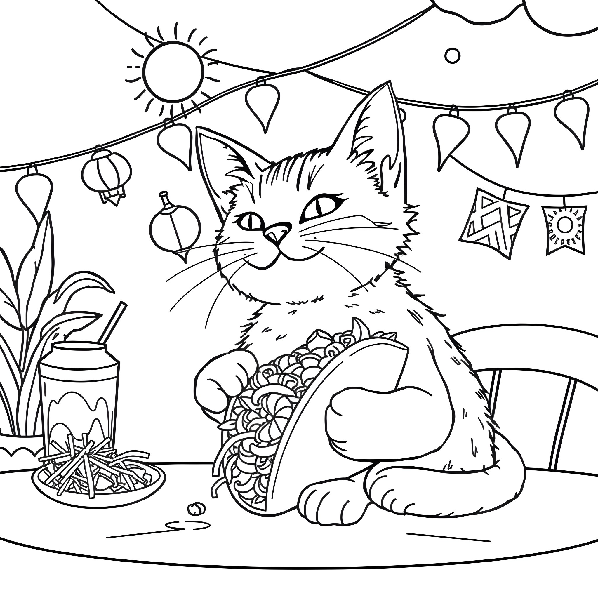 Cat relaxing in a festive garden Coloring Page (free black-and-white line drawing printable PDF for all, from beginners to advanced learners, including children, teens, adults, and seniors)