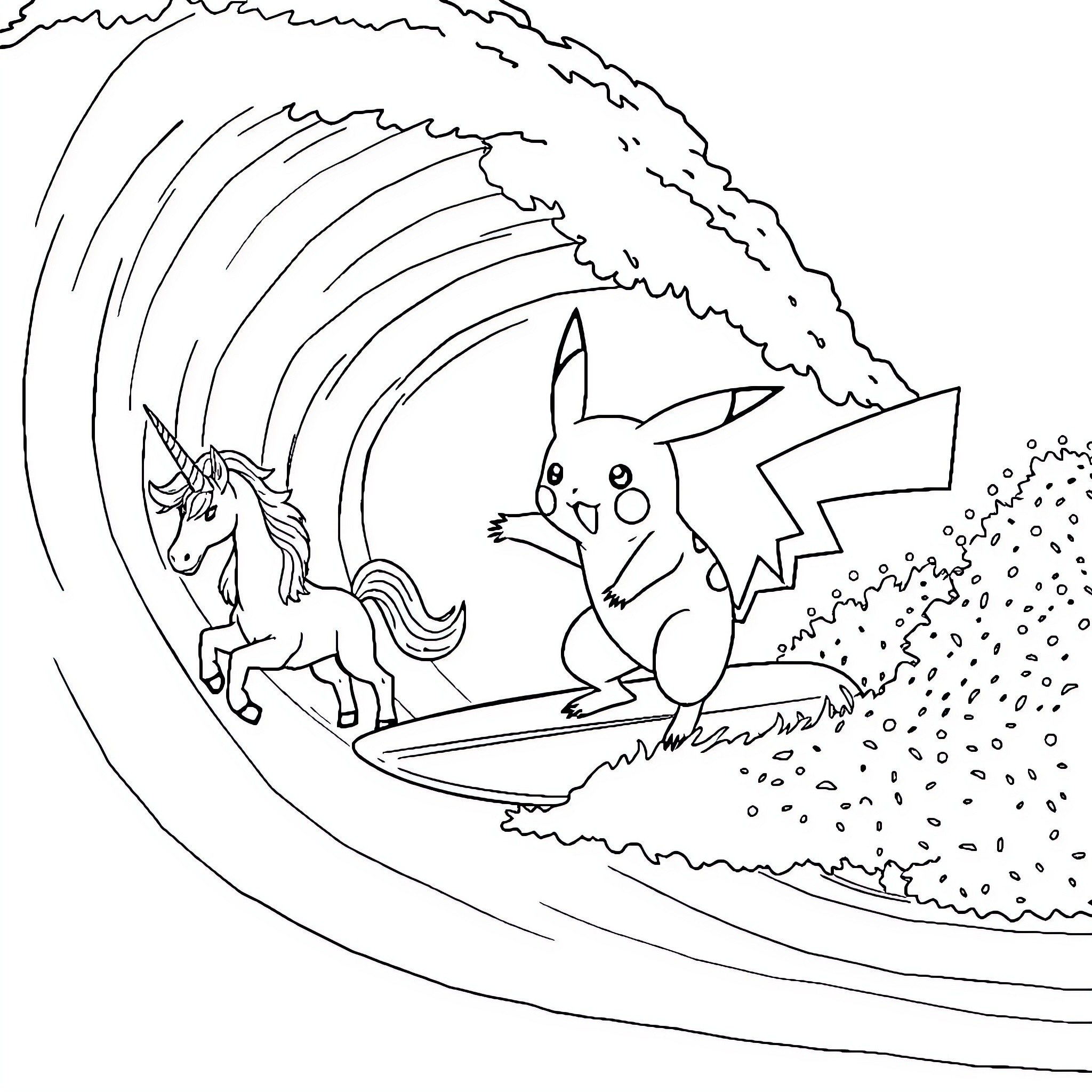 Pikachu surfing with a unicorn in a magical wave Coloring Page (free black-and-white line drawing printable PDF for all, from beginners to advanced learners, including children, teens, adults, and seniors)