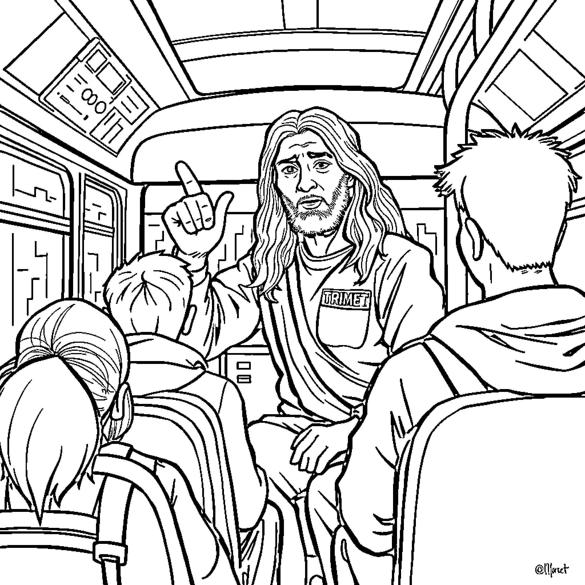 Bus Driver Interacts with Passengers on Public Transportation Coloring Page (free black-and-white line drawing printable PDF for all, from beginners to advanced learners, including children, teens, adults, and seniors)