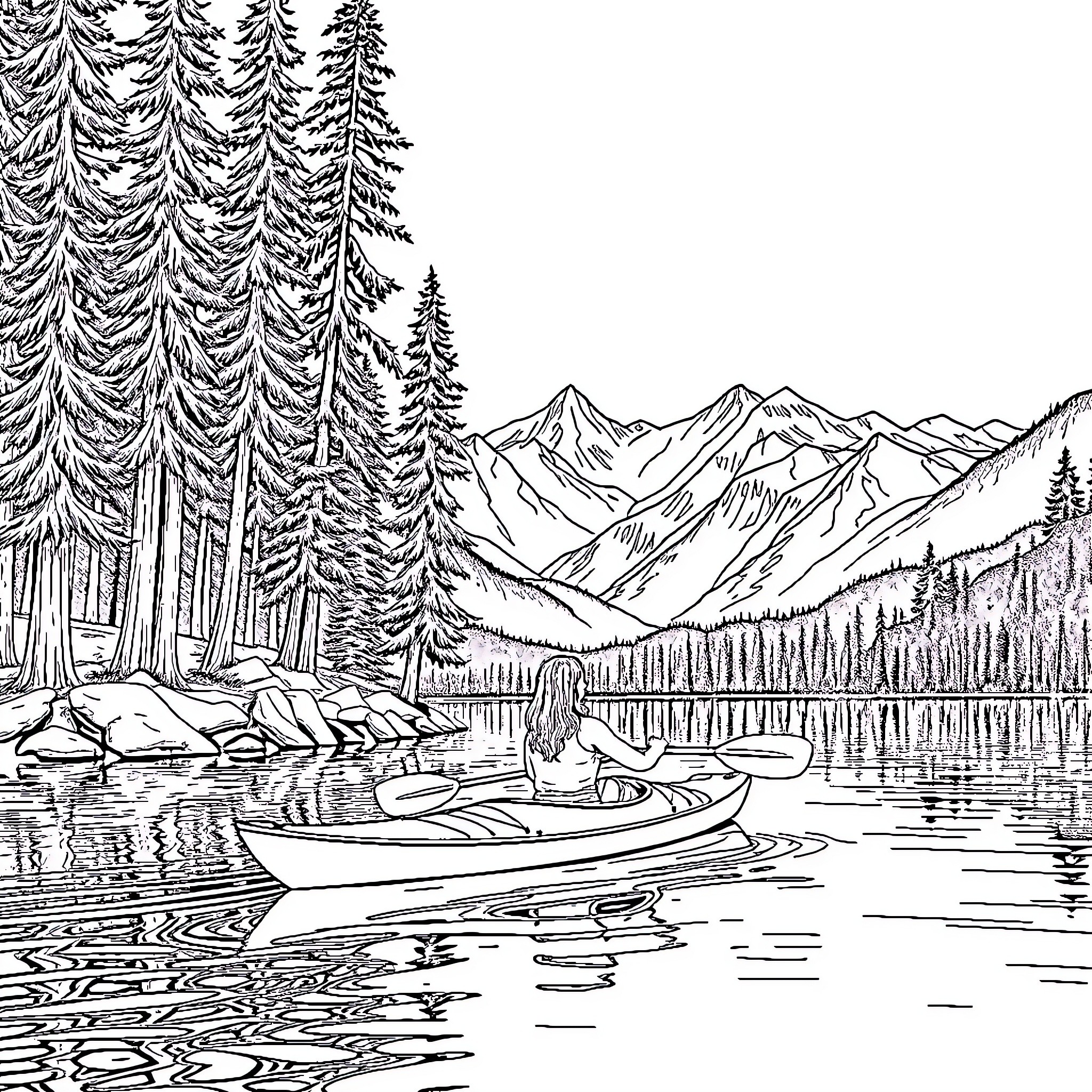Lady exploring the serene mountain lake in a boat Coloring Page (free black-and-white line drawing printable PDF for all, from beginners to advanced learners, including children, teens, adults, and seniors)