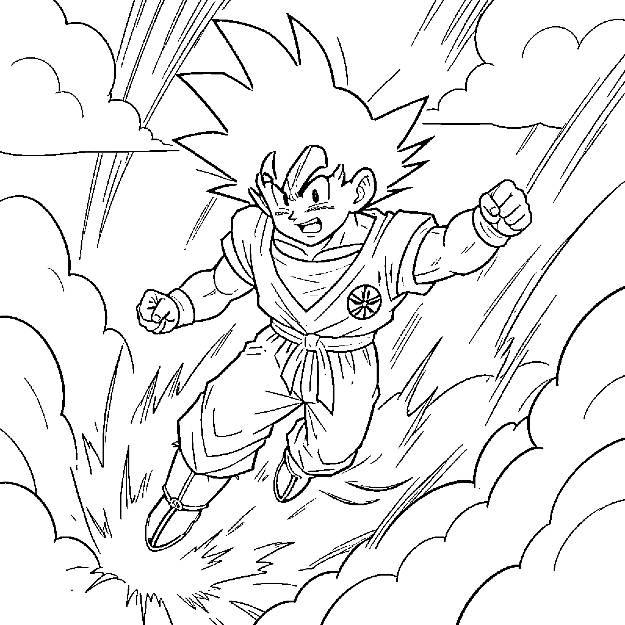 Dragon Ball Warrior Soaring Through the Skies Coloring Page (free black-and-white line drawing printable PDF for all, from beginners to advanced learners, including children, teens, adults, and seniors)