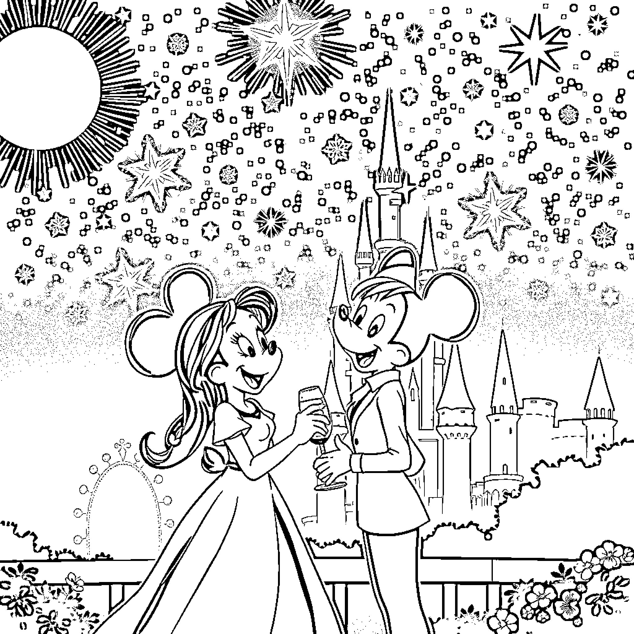 Disney Characters Enjoying Fireworks Display Coloring Page (free black-and-white line drawing printable PDF for all, from beginners to advanced learners, including children, teens, adults, and seniors)