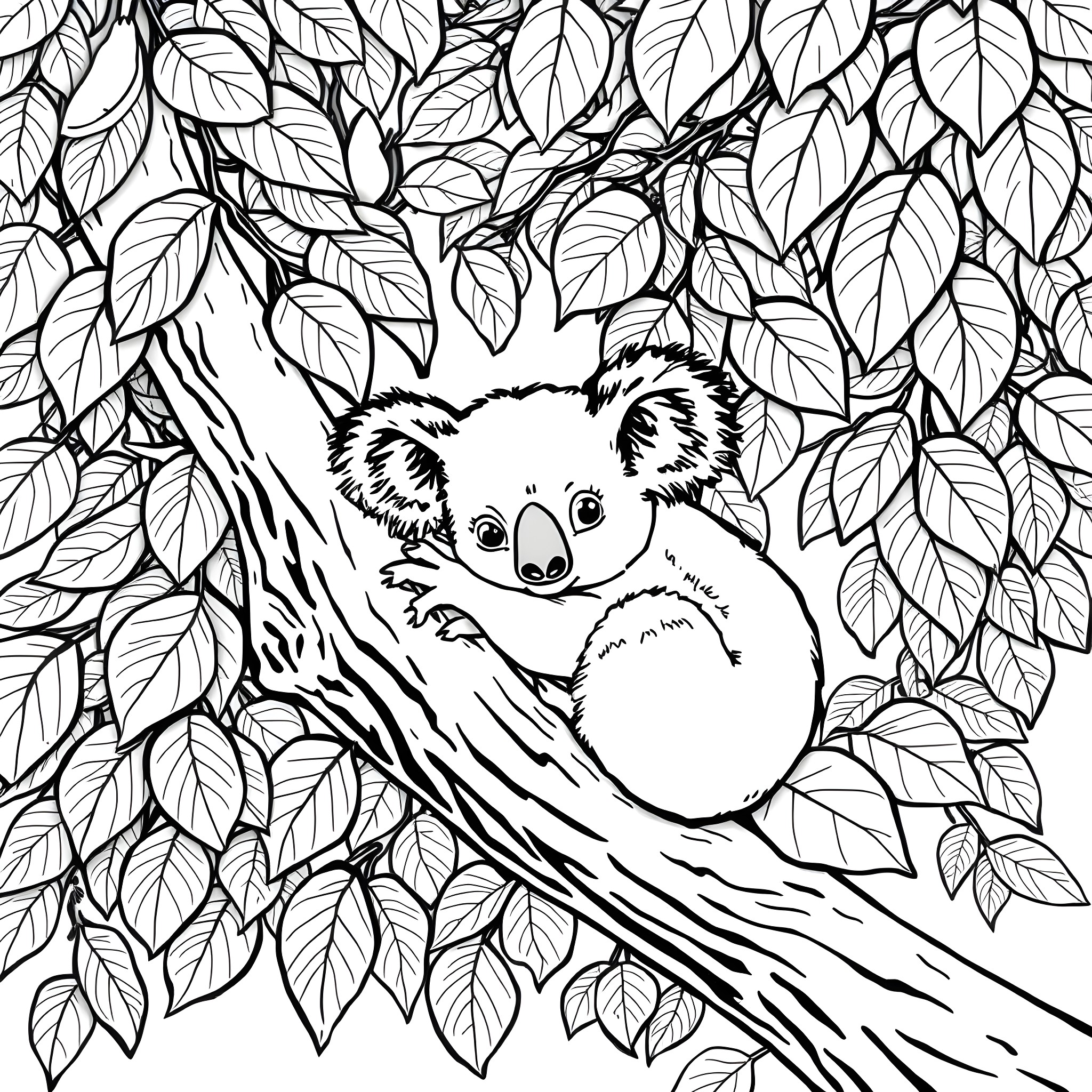 Koala resting peacefully in tree surrounded by leaves Coloring Page (free black-and-white line drawing printable PDF for all, from beginners to advanced learners, including children, teens, adults, and seniors)